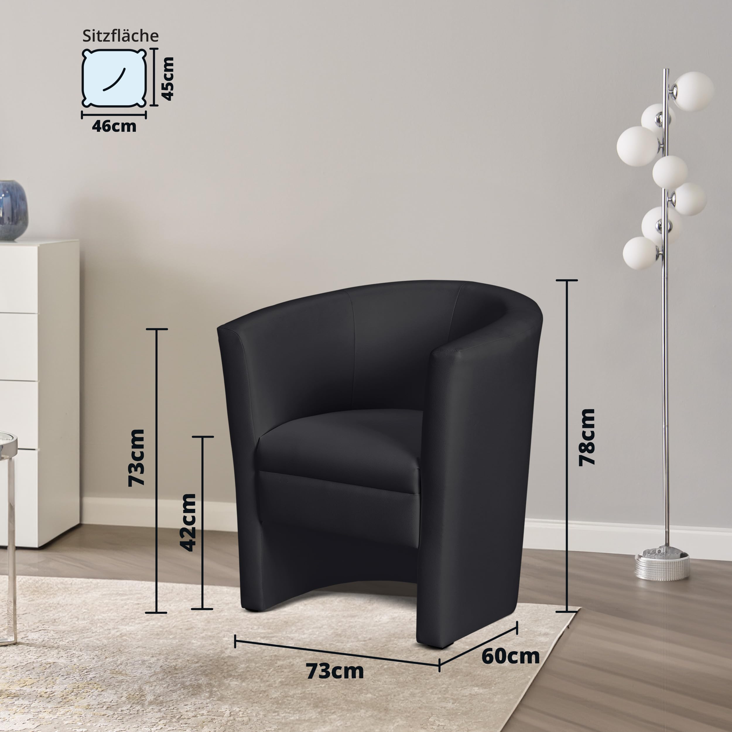 KHG Cocktailsessel Schwarz - Kunstleder, 73x78x60 cm, Sitzhöhe 42cm, Sitzbreite 46cm, Schaumpolsterung, Schlichtes & Zeitloses Design, ideal für Wohnzimmer, Leseecke, Gästezimmer, Bürosessel