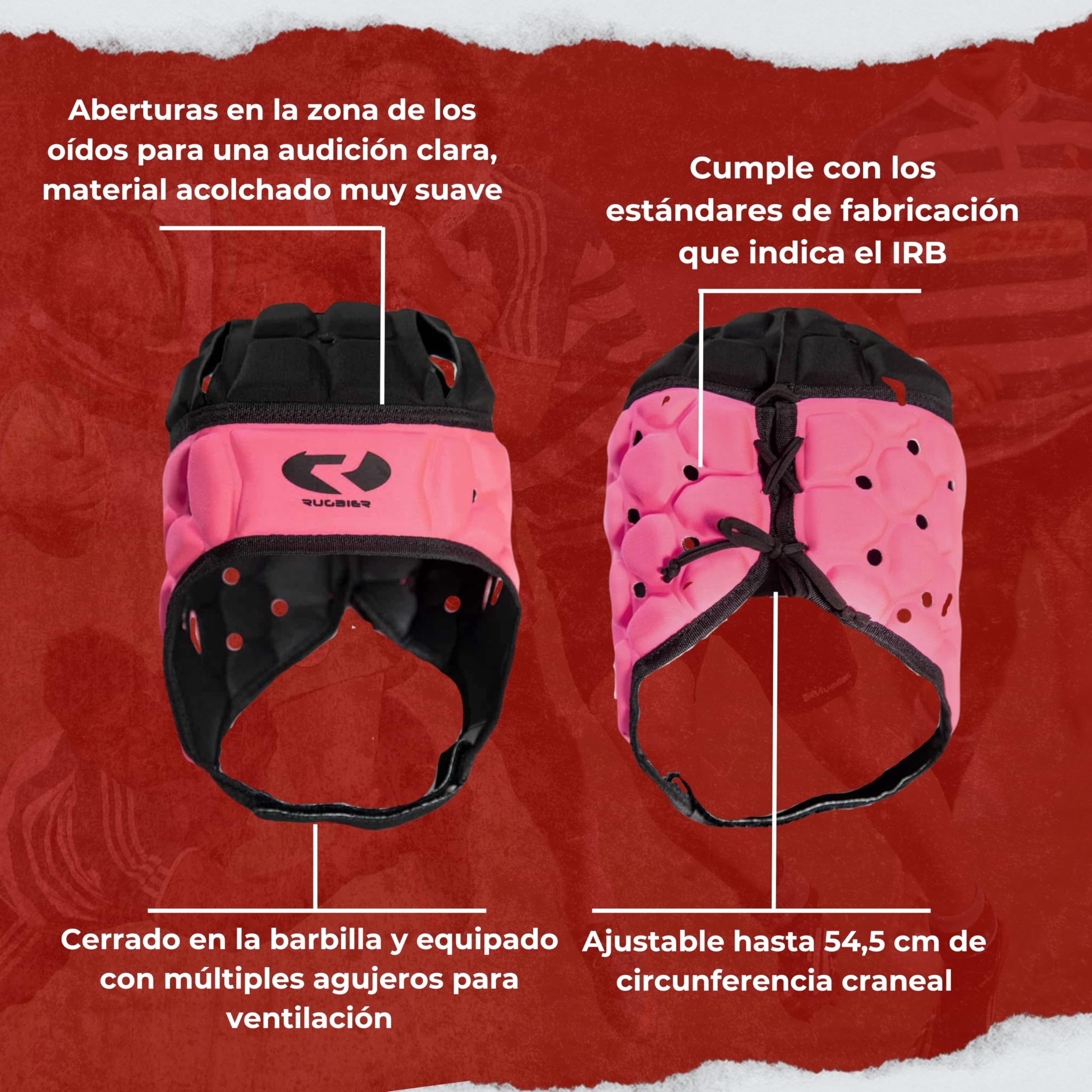 Casco de Rugby Profesional Air-Pro - Adultos y Jóvenes Unisex - Ajustable - Protector de Cabeza Acolchado - Modelo Rosa/Negro