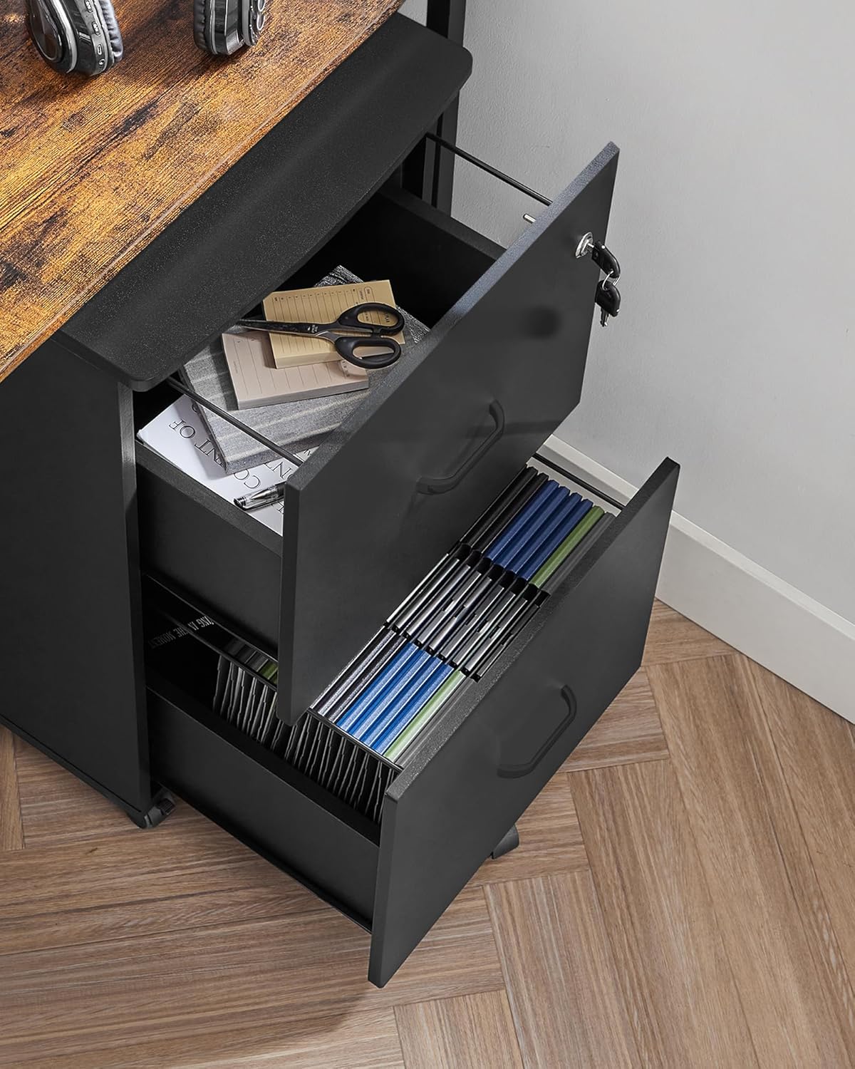 VASAGLE filing cabinet with both drawers open, showing organized fileలు మరియు కార్యాలయ సామాగ్రి