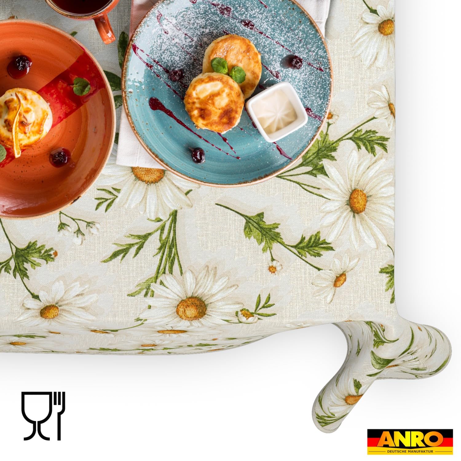 ANRO Obrus zmywalny z margaretkami, biały, prostokątny, 220 x 140 cm – odporny na działanie wody, do użytku wewnątrz i na zewnątrz, z efektem lotosu, z obszyciem