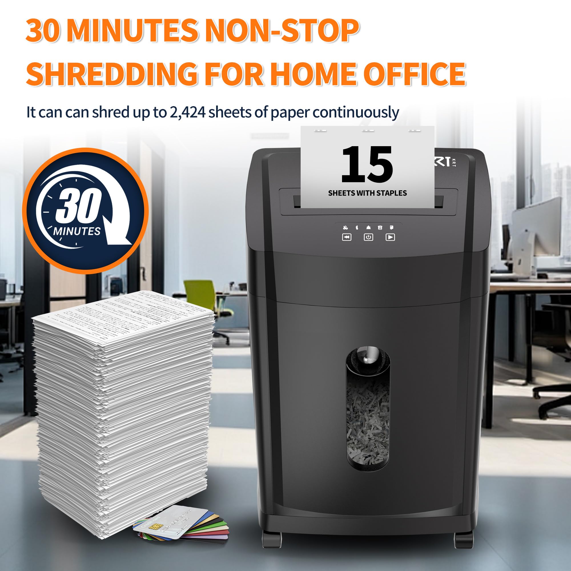 KRT - Trituradora de papel para oficina en casa, 18 hojas, trituradora de escritorio de alimentación automática con bandeja de 28 litros, nivel de seguridad P-4, trituración de CD/DVD