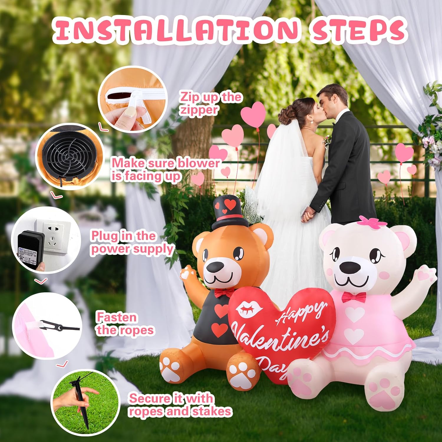 LETIME 5.6 FT Long Inflatable Valentines Day Decorations LED Lighted Blow up Bear Couples with Love Heart Romantic Valentines Inflatables Outdoor Yard Décor for Party Anniversary Wedding Propose