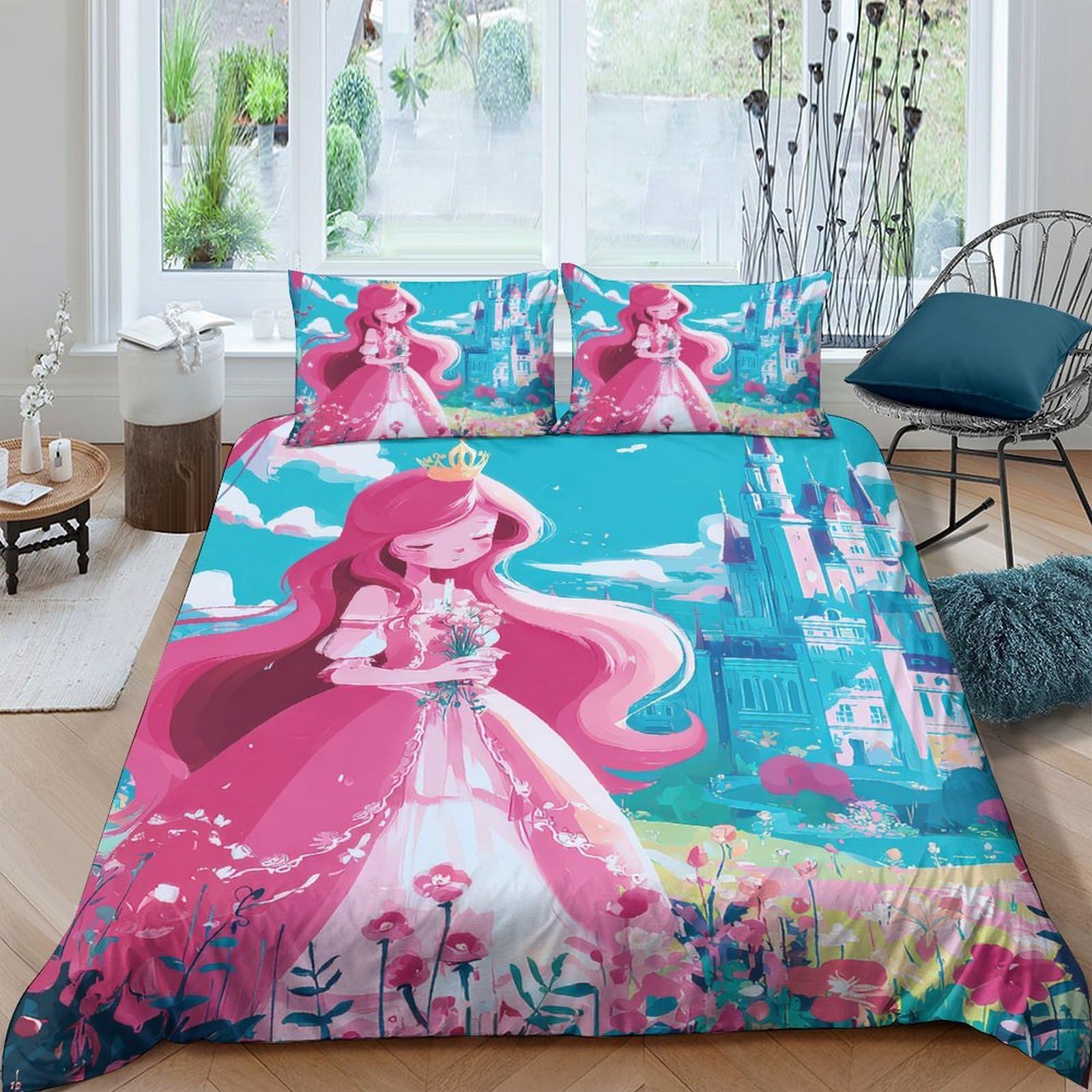 GPLZQXKJNH 3D Printed Princess Castle Duvet Cover Set Microfiber Soft Pink Fairy Tale Quilt Cover with 2 Pillowcases for Bedroom Decor Single（135x200cm）