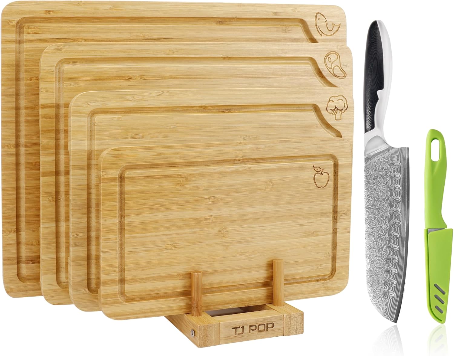 4-Piece Labeled Bamboo Cutting Board Set with VG-10 Damascus Santoku Knife, Kitchen Prep Bundle for Meat, Vegetables & Fruits