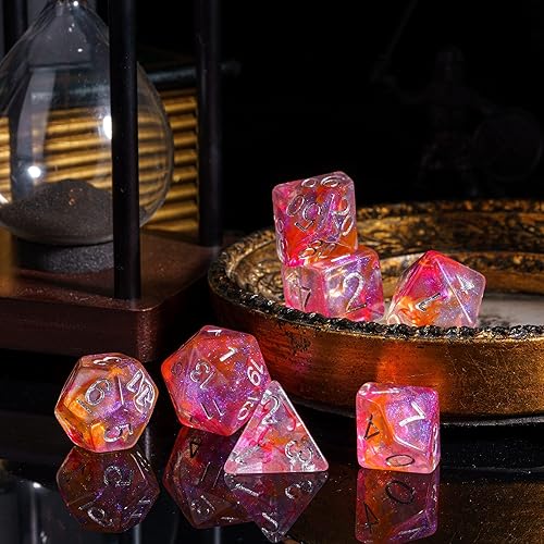 Miniatura 6 de UDIXI Juego de dados poliédricos de 7 dados con purpurina y remolinos naranjas, dados DND para juegos de rol de Calabozos y Dragones (rojo naranja)