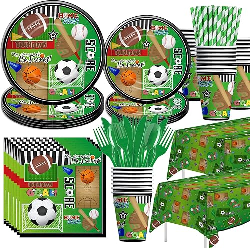 Xigejob Artículos para fiestas de cumpleaños con temática deportiva, platos, vasos, servilletas, mantel, cubiertos, pajitas, fútbol, baloncesto,