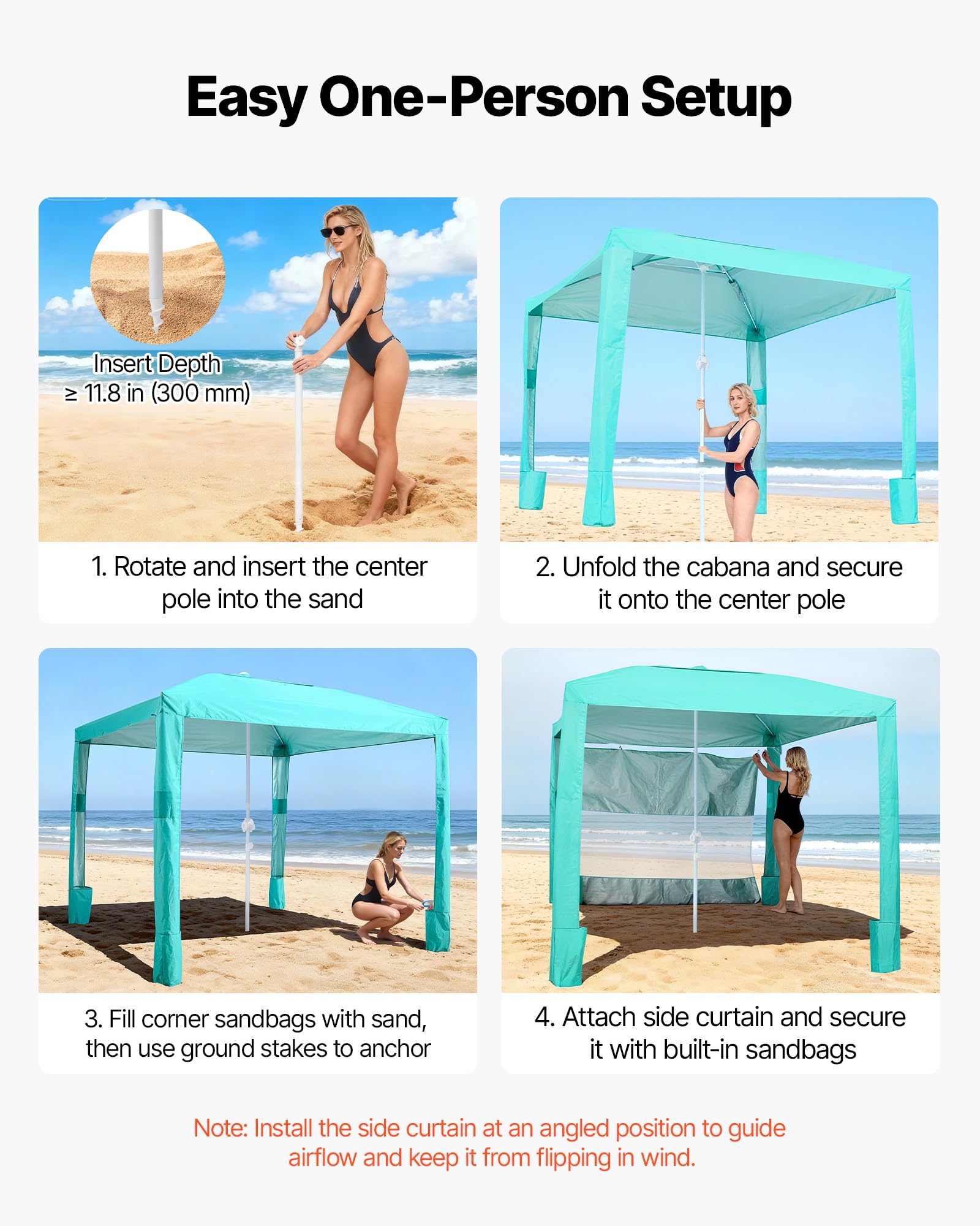 VEVOR Tenda da Spiaggia da 2400 x 2400 x 2400 mm, con Parete Laterale, Facile da Montare, con Tasche per la Sabbia, Ombrellone Parasole Portatile Regolabile in Altezza per Famiglia e Amici, Verde