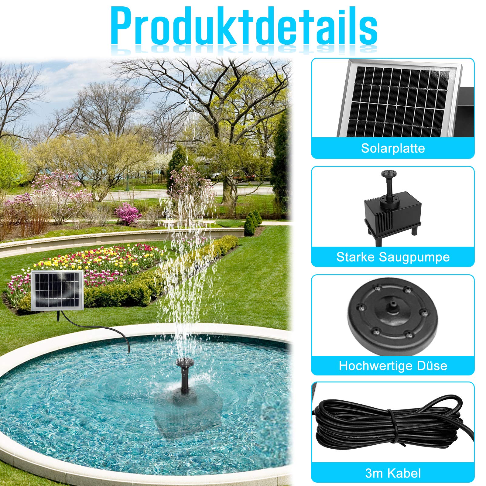 SUBTLETY Solar Springbrunnen - Teichpumpe Mit Solarpanel & 4 Sprüheffekten - Umweltfreundlich