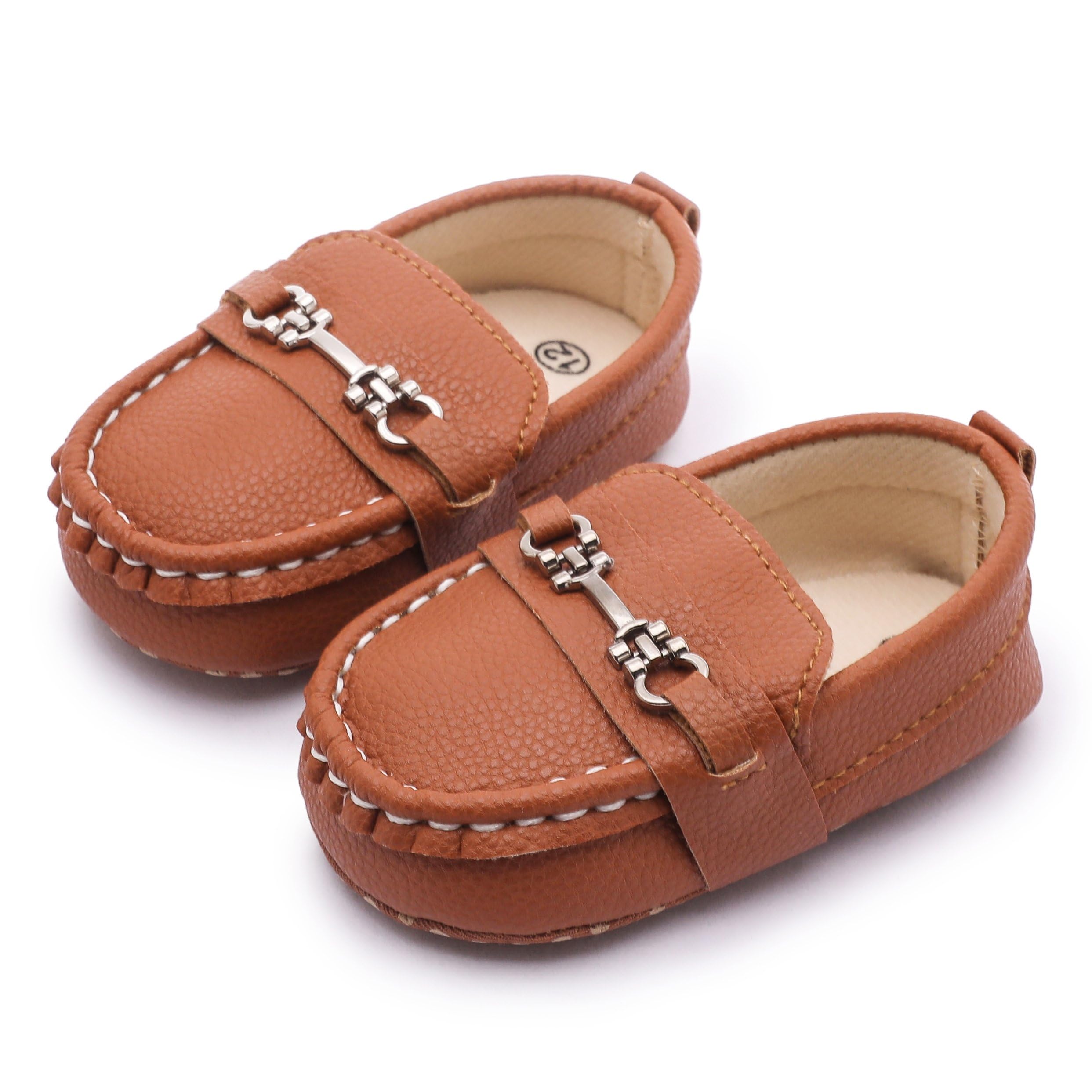 Moceen Infant Baby Boys Girls Loafers Shoes Soft Non-Slip PU Leather Moccasins Newborn First Walkers Crib Dress Shoes 6-12 Months, Brown, M102