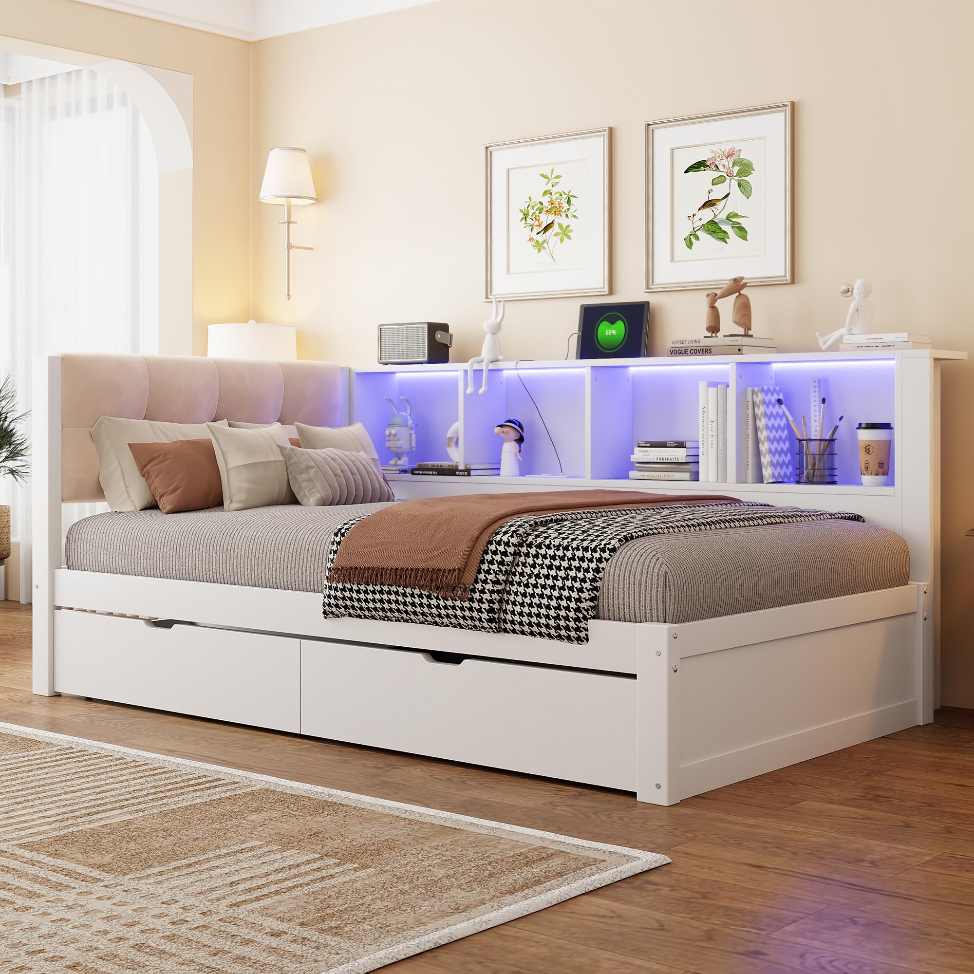 Schlafsofa 90 x 200 cm mit Schubladen, Tagesbett mit Dimmbarer LED-Leiste und USB-Anschluss, Praktischem Regal, Kiefernholz, Weiß (Ohne Matratze)