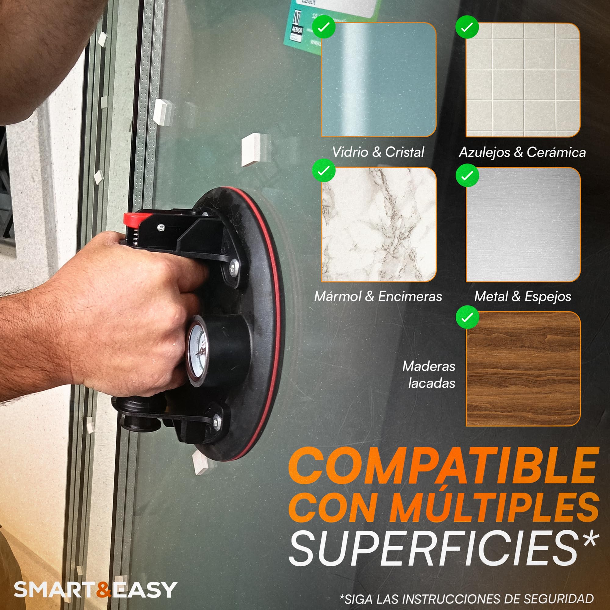 SMART&EASY Set 2 Ventosas para Azulejos con Manómetro 200 kg Succión 200 mm Diámetro Maletín Compacto