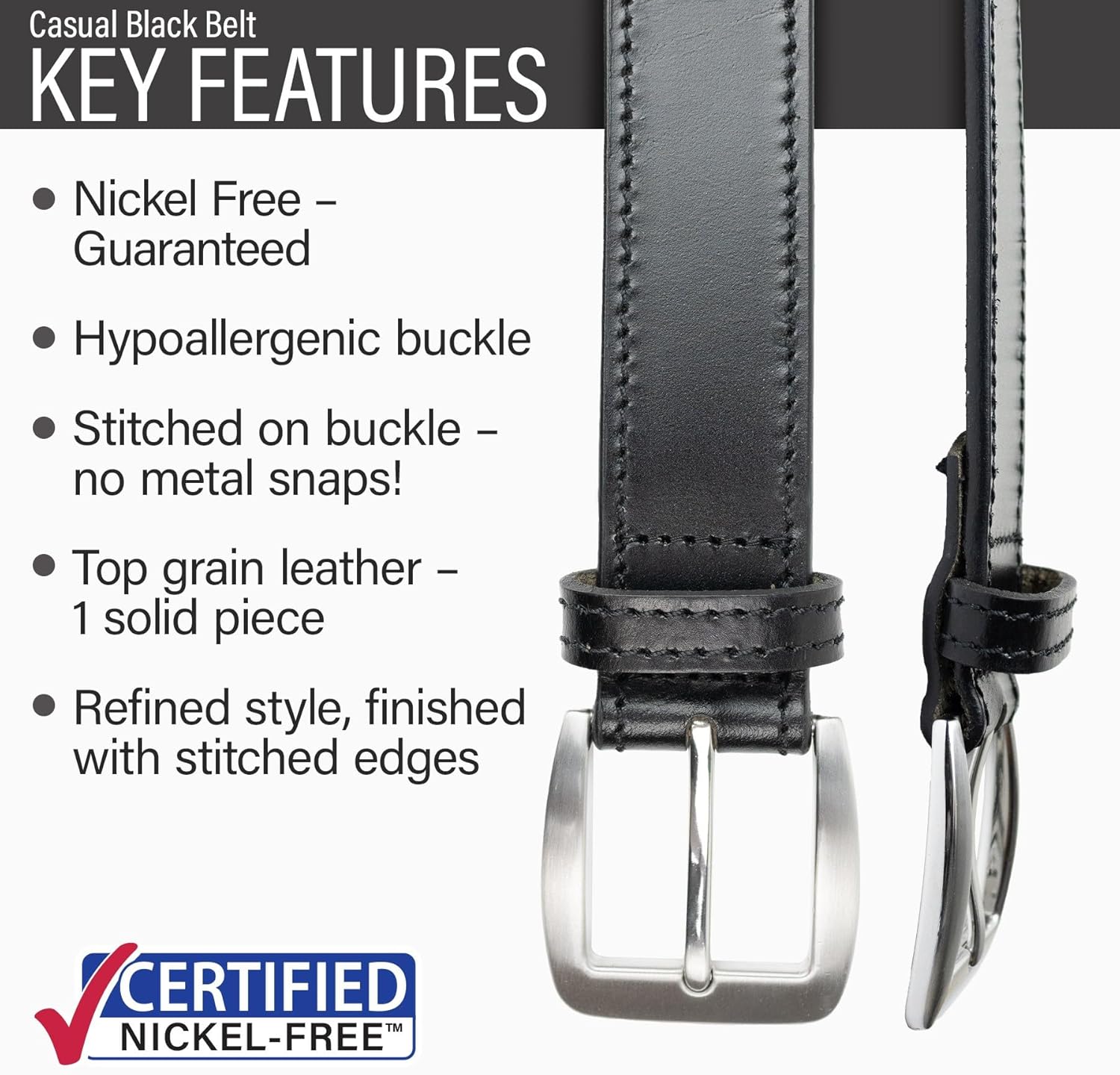 Casual Belt - Genuine Leather, Nickel-Free Buckle, Men's, 32-46 inch - Image 4