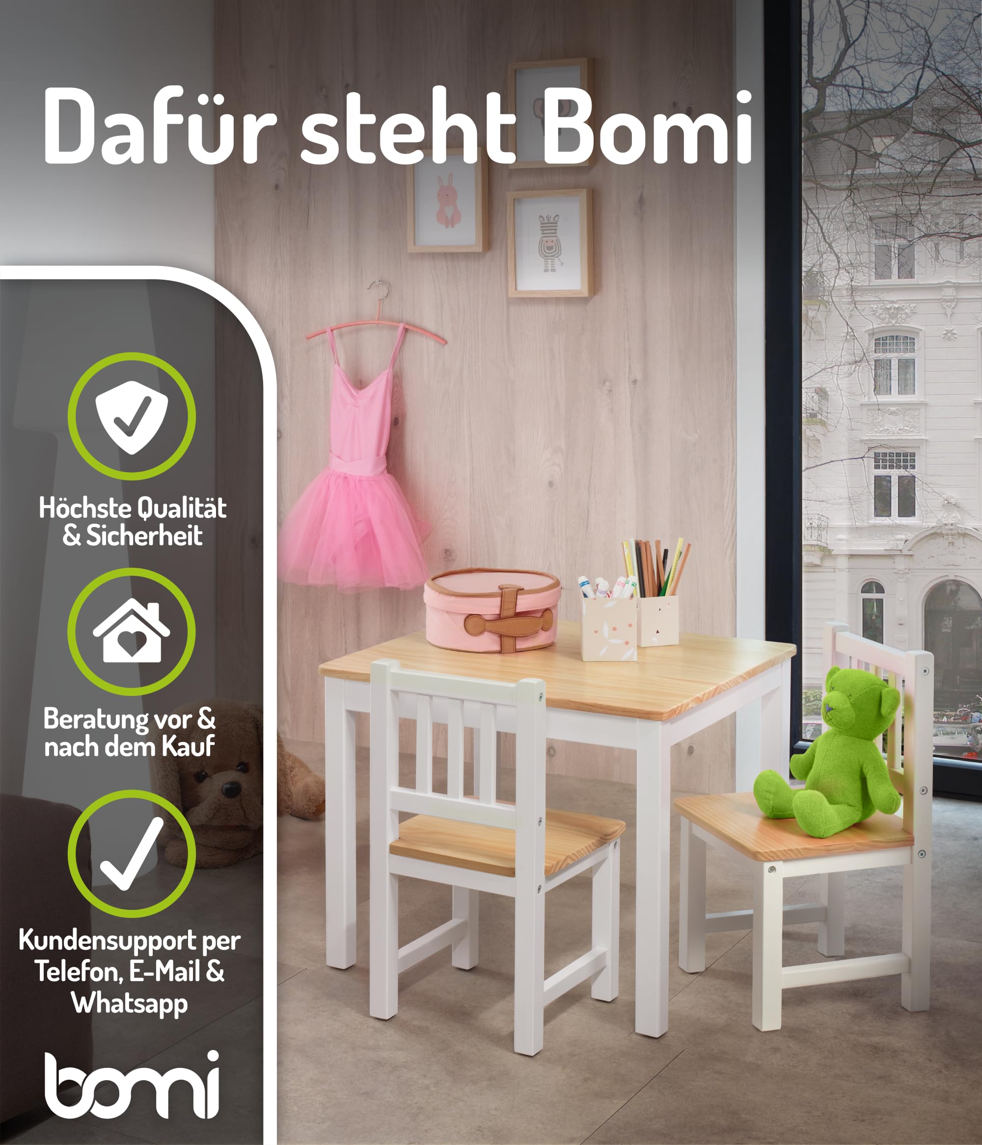 Bomi Kindersitzgruppe Holz Amy | Kindertisch mit 2 Stühlen | Tisch & Stühle Kinderzimmer Set | Spieltisch ab 1 Jahr | Kindertisch für drinnen | Maltisch & Basteltisch Kinder | Kindermöbel Weiß Natur