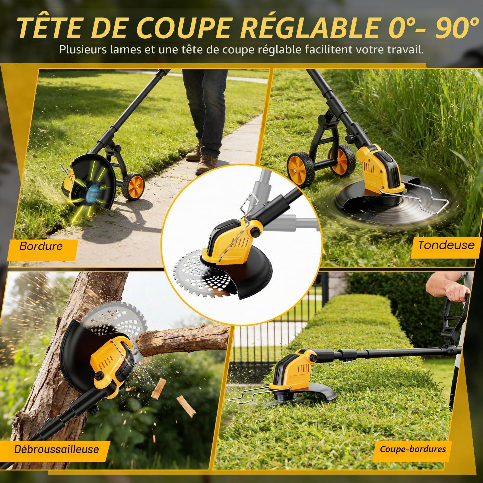 Débroussailleuses Electrique sans Fil avec Roue,Akku Rasentrimmer,30CM Coupe Bordures sans Fil avec 2 * 3.0Ah Batterie et Chargeur&4 Types Lames,Moteur Brushless 800W