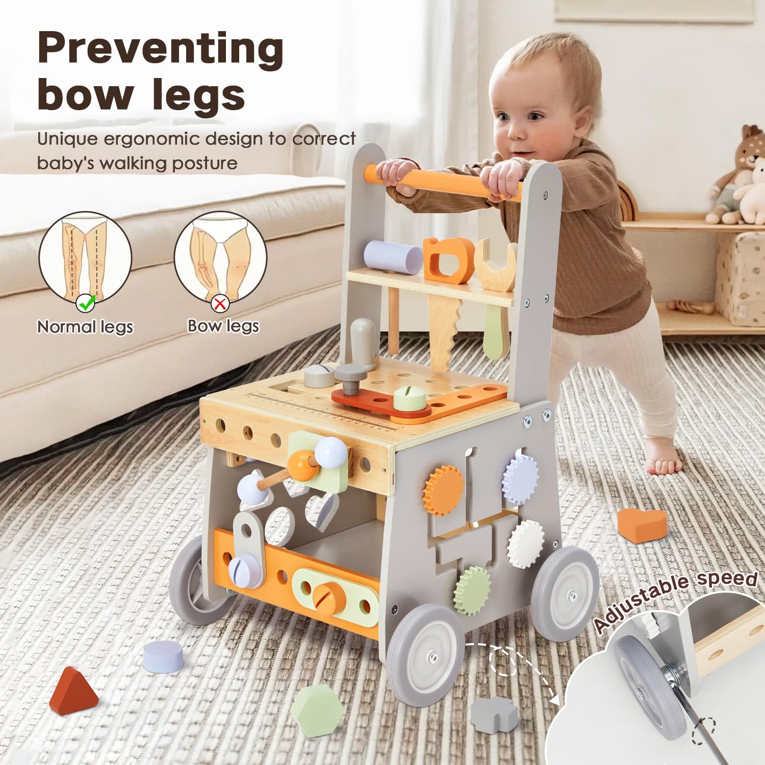 labebe Wooden Baby Walker, Baby Push Walker, Tool Toy for Toddlers, Adjustable Speed Baby Walker with Wheel, Learning Activity Walker for Girls Boys