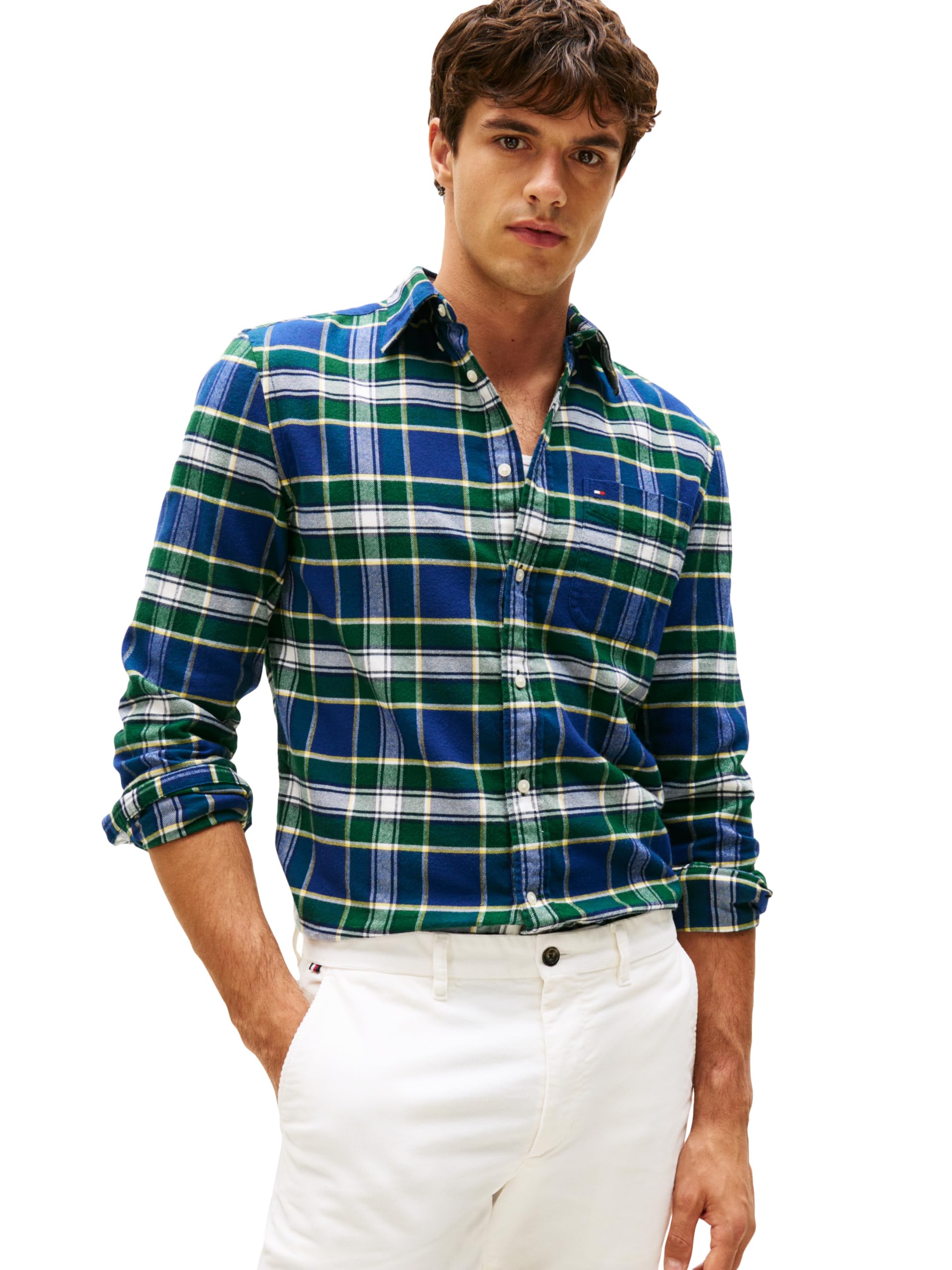 Tommy Hilfiger Camisa de Manga Larga con Botones para Hombre, Ajuste Regular, tartán