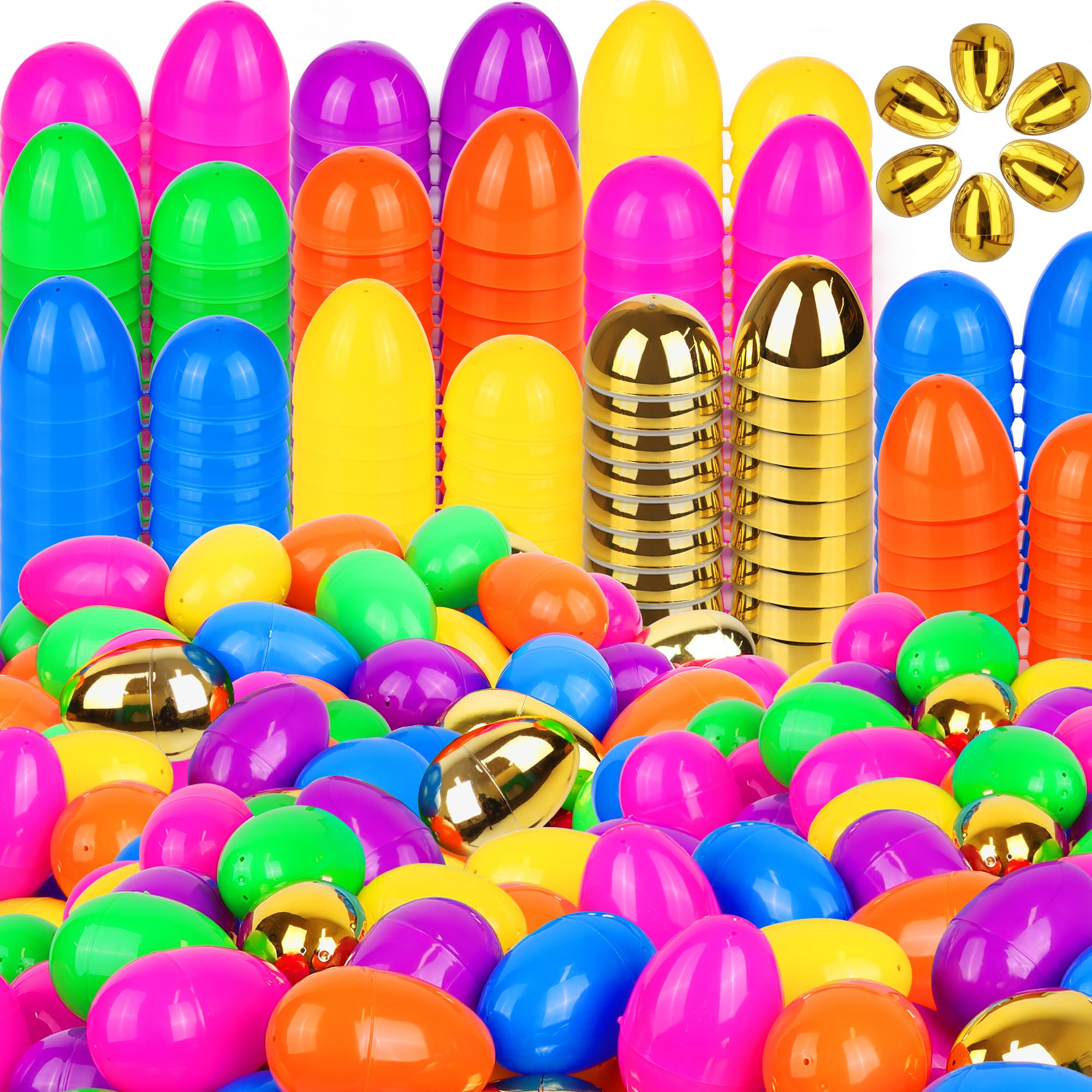 Photo 1 of 200 Pack Easter Eggs Bulk Include 6 Surprise Golden Eggs, 2.4 Inch Colorful Fillable Plastic Easter Egg Empty for Easter Hunt Party Favors, Easter Basket Stuffers Fillers, Classroom Prize Supplies