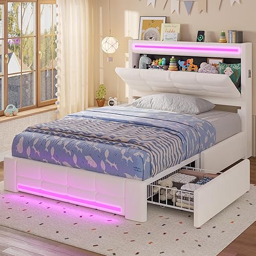 ADORNEVE Twin Bed Frames with Storage Headboard & 4 Drawers, LED Bed Frame with Charging Station, Upholstered Twin Size Platform Bed for Kids, No Box Spring Needed, Creamy White