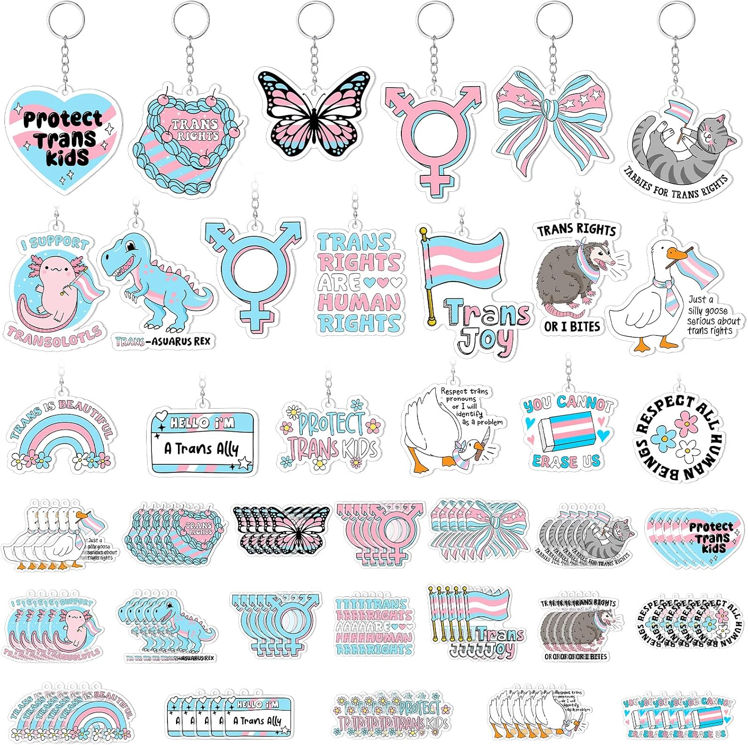 100 Pcs Trans Pride Keychains Bulk, 20 Designs Acrylic LGBTQ Key Chains Transgender Gifts for Bags Backpacks Accessories, Rainbow Pride Month Party Favors, Protect Trans Support Equality Parades
