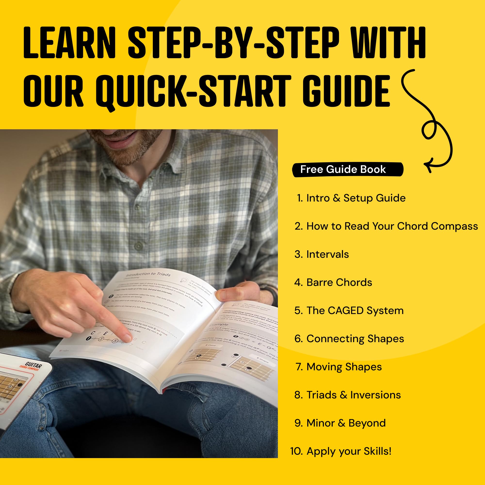 Noisy Clan Gitarren-Akkord-Kompass & Buch-Set – Griffbrett-Logik & CAGED-System meistern – Songwriting & Theorie vereinfachen – Mobiles Tool & 64-seitiger Guide
