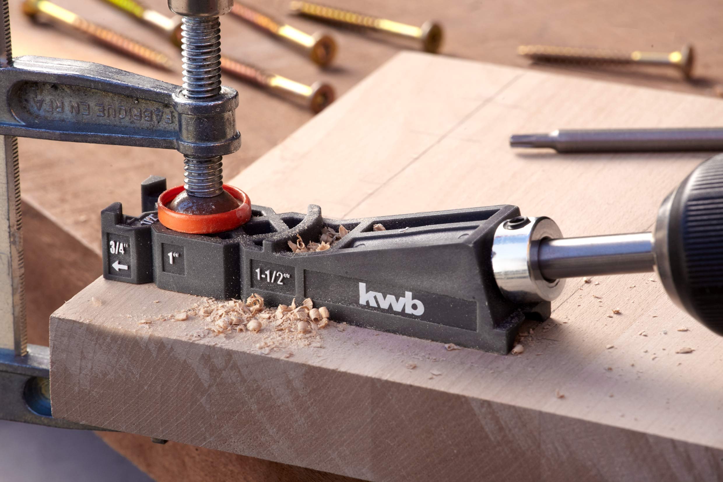 kwb Gabarit de perçage/guide de perçage pour trous de poche, y compris mèche de 9 mm, butée de profondeur et embout TX-20 150 mm
