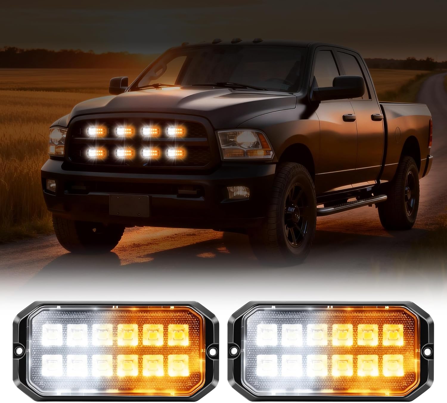 2026 Upgraded Amber White LED Strobe Lights, 38 Flashing Modes 12-LED Sync Grill Surface Mount Hazard Warning Lights for 12V/24V Vehicles (2 Pack)