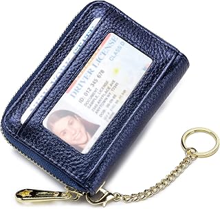 imeetu RFID Credit Card Holder Wallet with Keychain & ID Window Small Leather Zipper Card Case for Women (Horizontal 10 Slots, Navy)