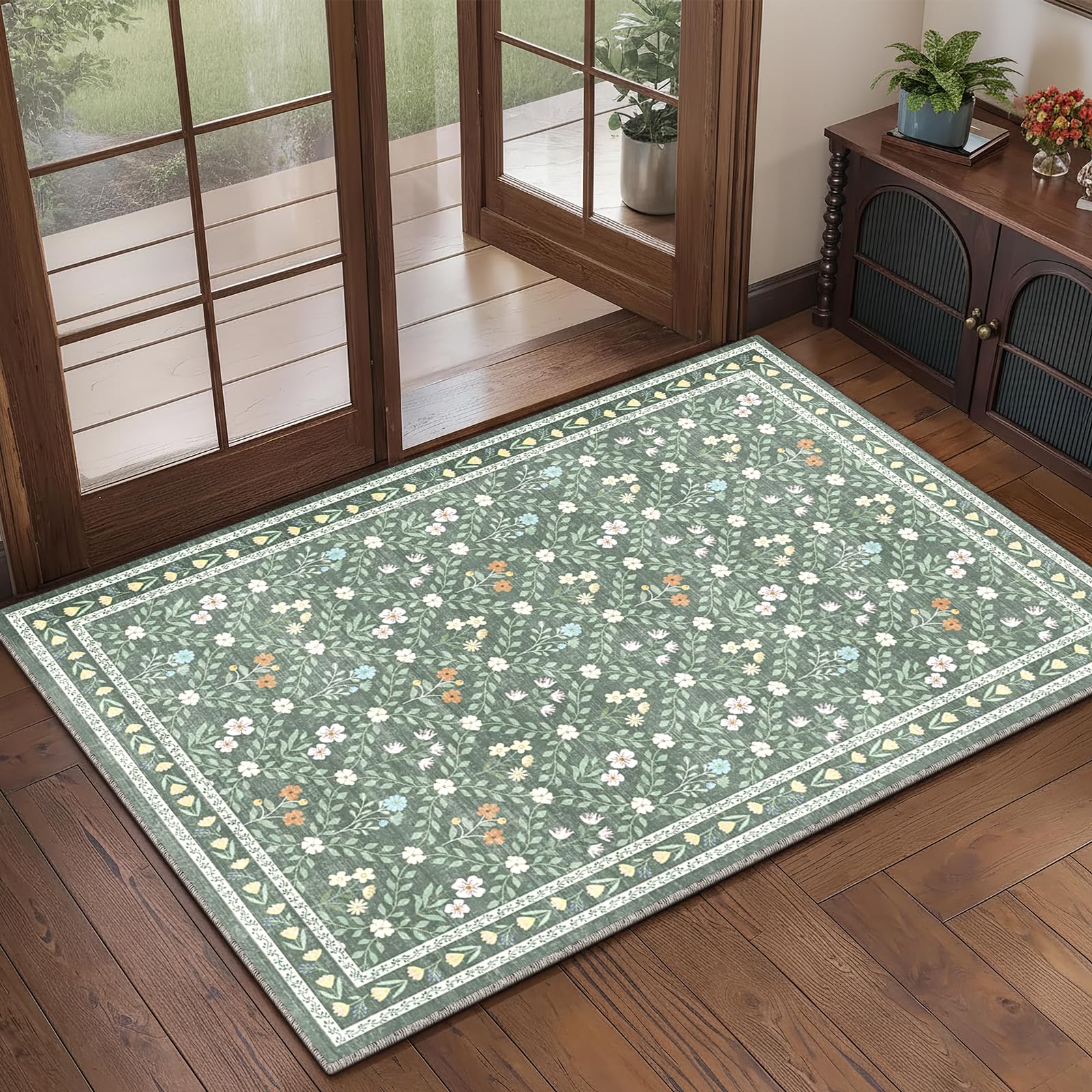 XSIVOD Washable Small Rug, Floral Non Slip Door Mat, 60x90cm, Green/Lattice — image 1