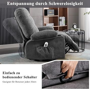 Bosmiller Recliner Chair with Reclining Function Electric TV Chair Oversize 360° Rotating Recliner Chair with Heat Function Heating Adjustable Chair Fabric TV Chair for Living Room Grey