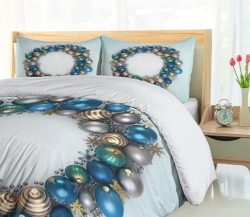 Miniatura 4 de Ambesonne Juego de funda de edredón de Navidad, bolas de Navidad vívidas con corona circular, exhibición tradicional, juego de ropa de cama