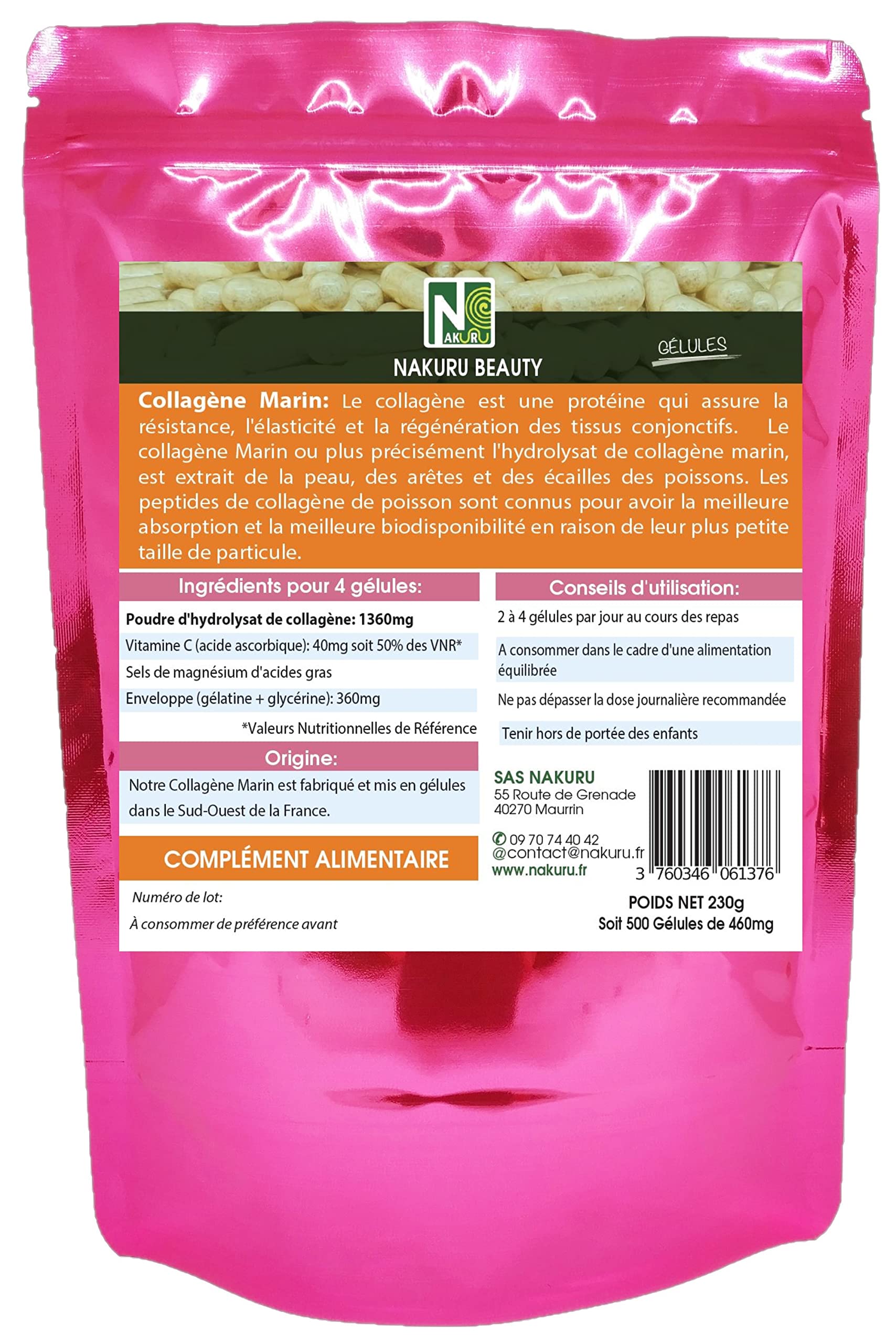 NAKURU | Collagène Marin | Gamme Beauty | Fabriqué en France | "Le Secret Anti-Âge !" | (500 Gélules de 460mg / Poids Net: 230g)