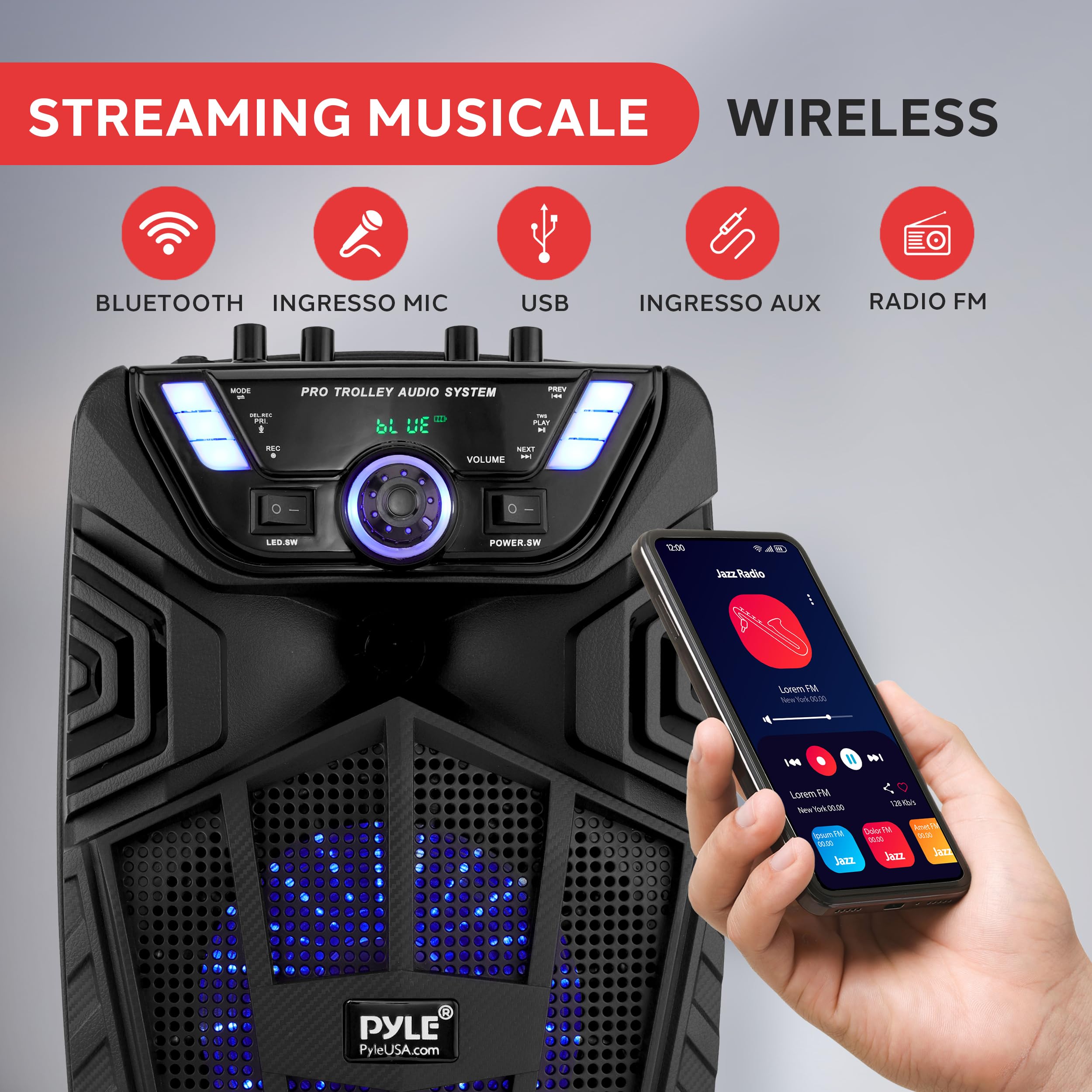 Pyle Cassa Bluetooth Portatile 480W Altoparlante Bluetooth 20,3 cm con Microfono Wireless, Ruote, TWS, Luci LED, Display, Ingressi 6,35 mm, FM/AUX/MP3/USB/SD