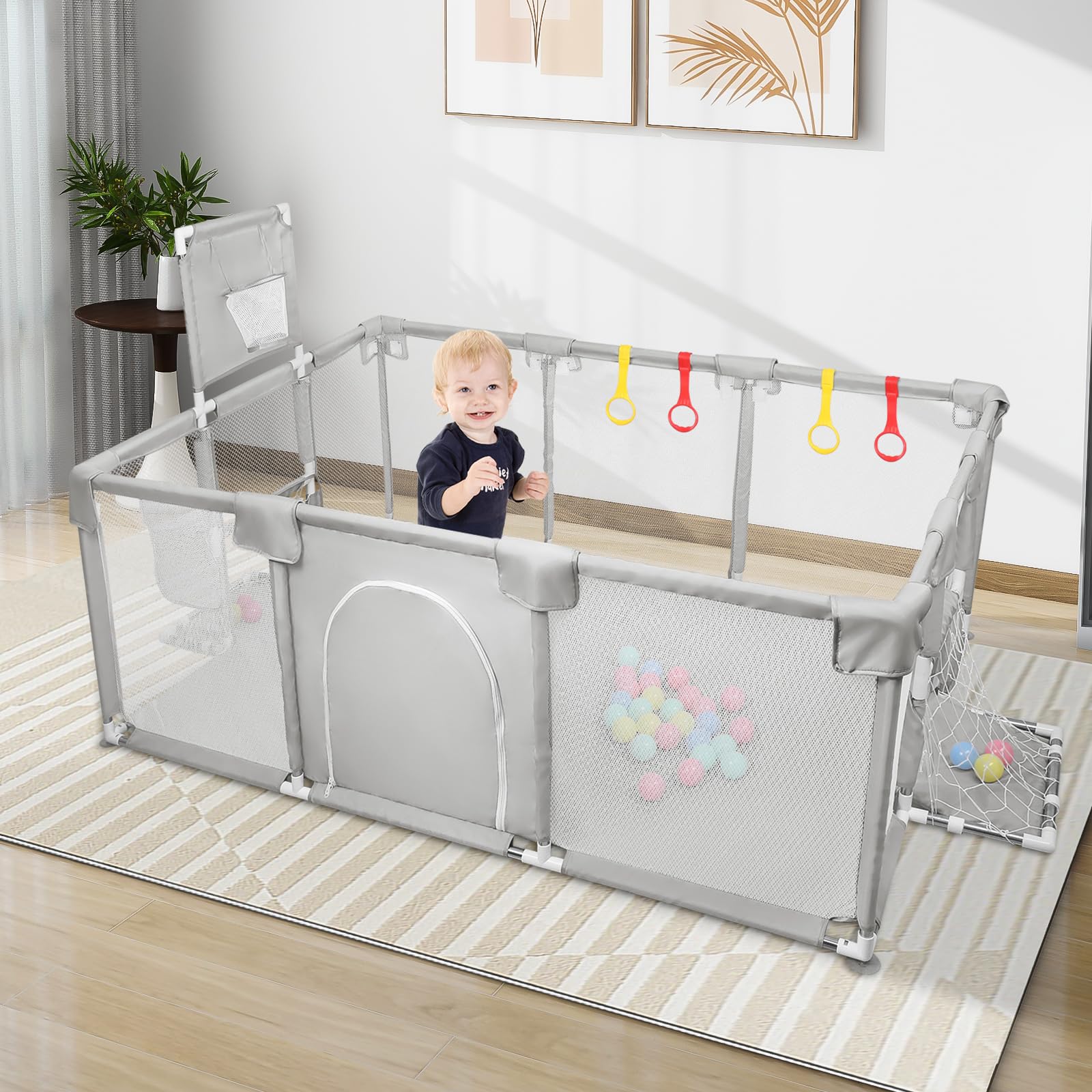 Parque XXL plegable modulable para bebés con barreras / redes / pelota oceánica / 4 asas, Playpen extra grande para bebés y niños pequeños, 180 x 120 x 66 cm, gris claro
