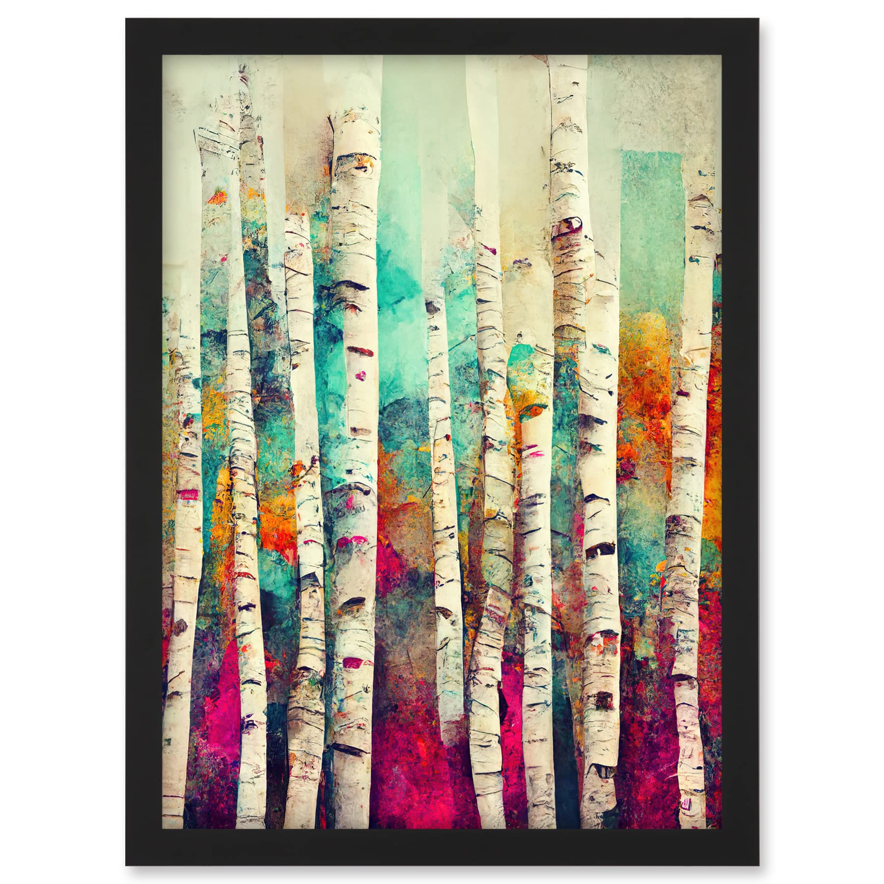 Wee Blue Coo Abstract Multi Coloured Birch Tree Forest Vibrant Colourful Oil Painting Artwork Framed A3 Wall Art Print