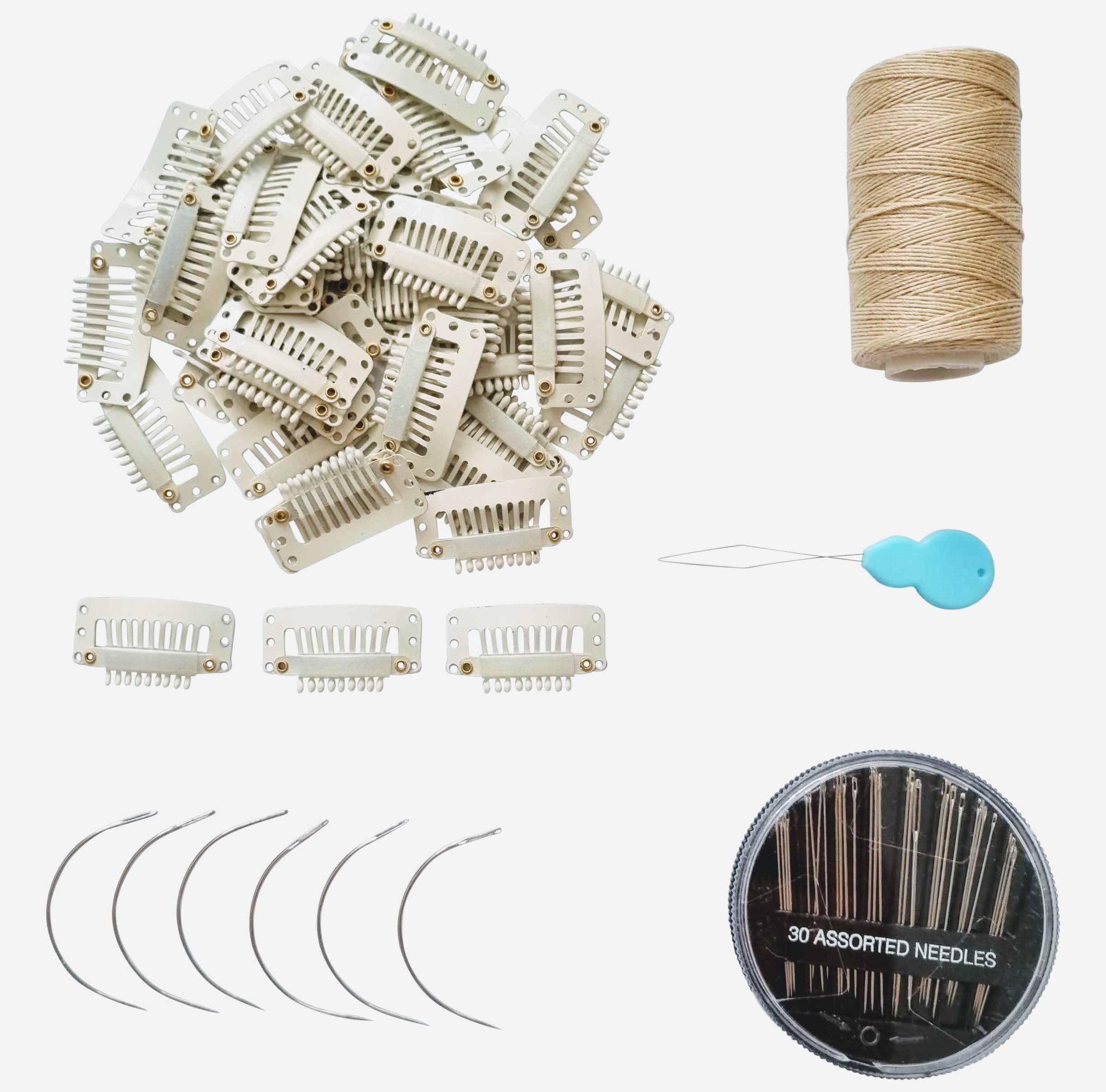 Estellar Pro Blonde Wig Clips Set - Hair Extension Snap Hair Clips Wig Grip 9-Teeth - Wigs Making Set - Weave Wefts - Needles Thread Weaving Kit