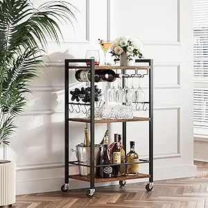 TUTOTAK Bar Cart, Home Bar Serving Cart with 3-Tier Shelf, Drink Cart with Wine Rack, Glass Holde...