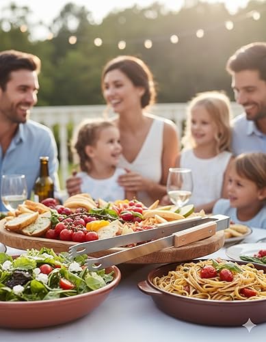 Miniatura 6 de Pinzas para servir de acero inoxidable de 13.5 pulgadas con mango de madera, diseño elegante para hielo, barbacoa, ensalada o bufé, pinzas de cocina