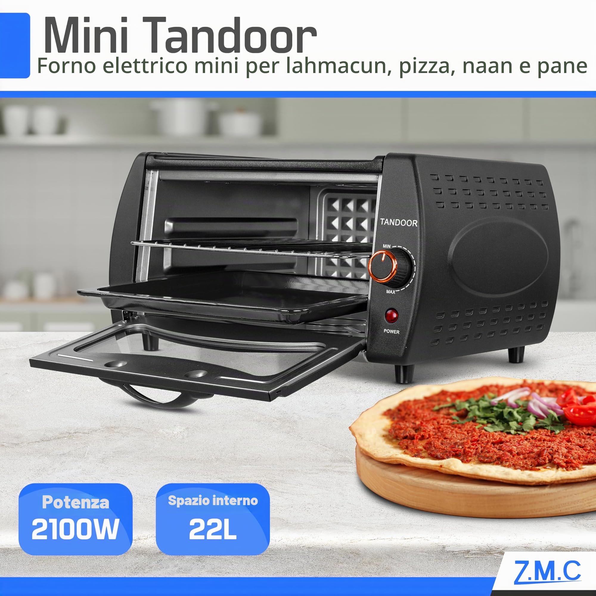 ZMC Mini Tandoor 2100W 22L - Forno per Lahmacun, Pizza, Naan e Pane Compatto, Potente, Riscaldamento Rapido, Ideale per Piatti Autentici.