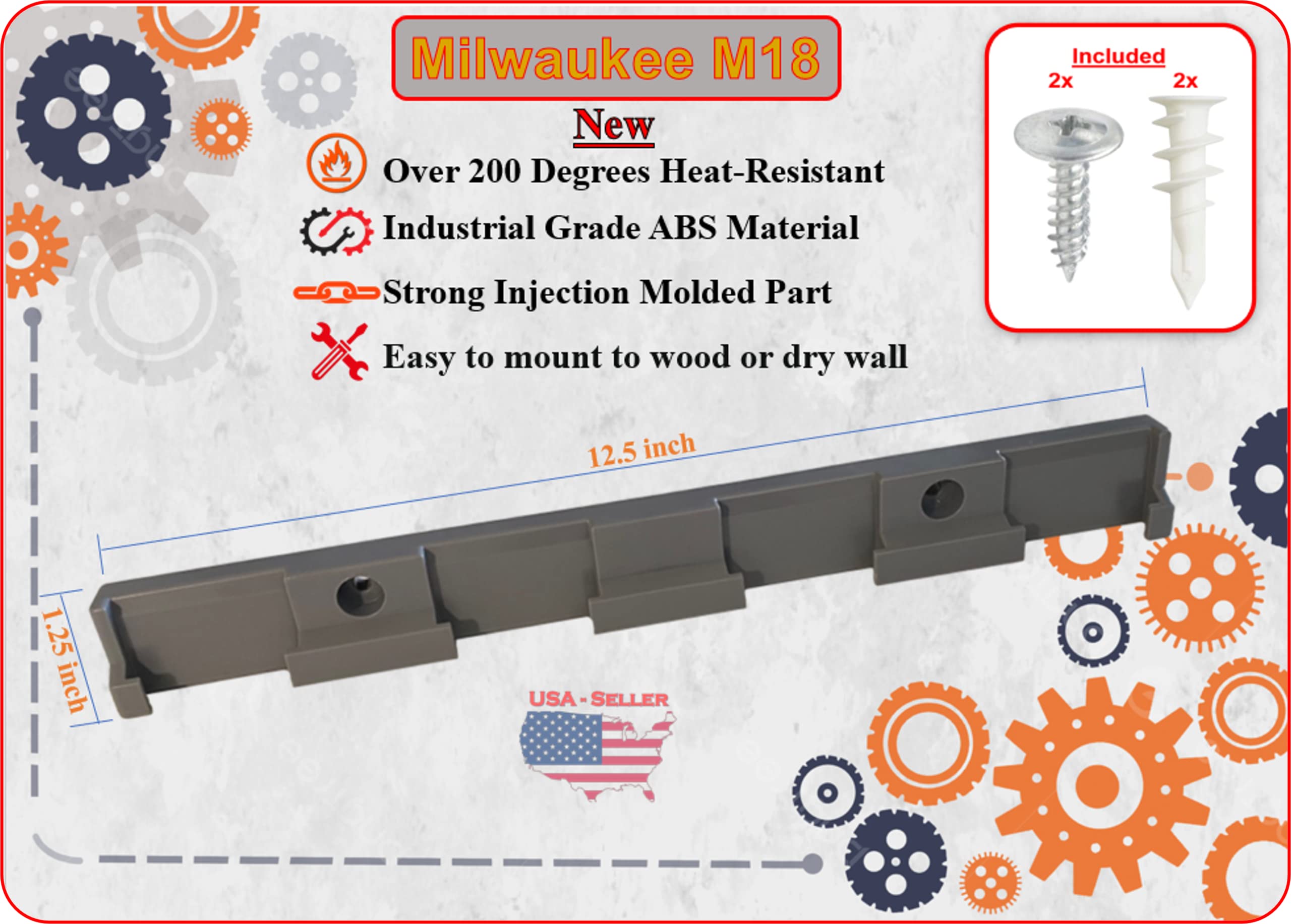 Milwaukee M18 Battery Holder | 4x 18V Battery Storage | Wall Mount | Grey ABS | 0.75 x 1.5 x 12