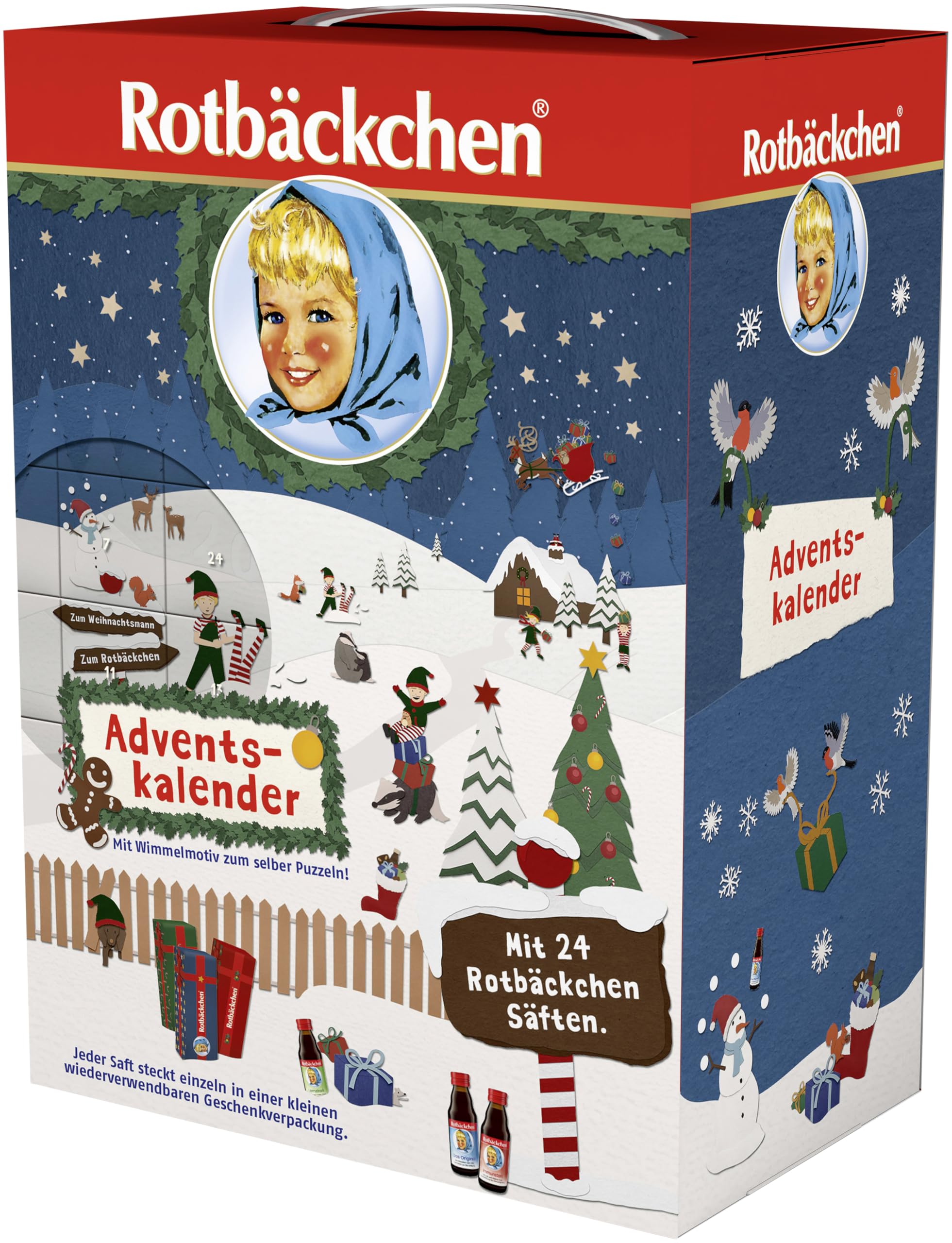 ROTBÄCKCHEN Saft Adventskalender 2024 | 24 Fläschchen 8 beliebter Sorten – Ohne Zuckerzusatz, reich an Vitaminen – Gesunder Adventskalender für Kinder & Erwachsene