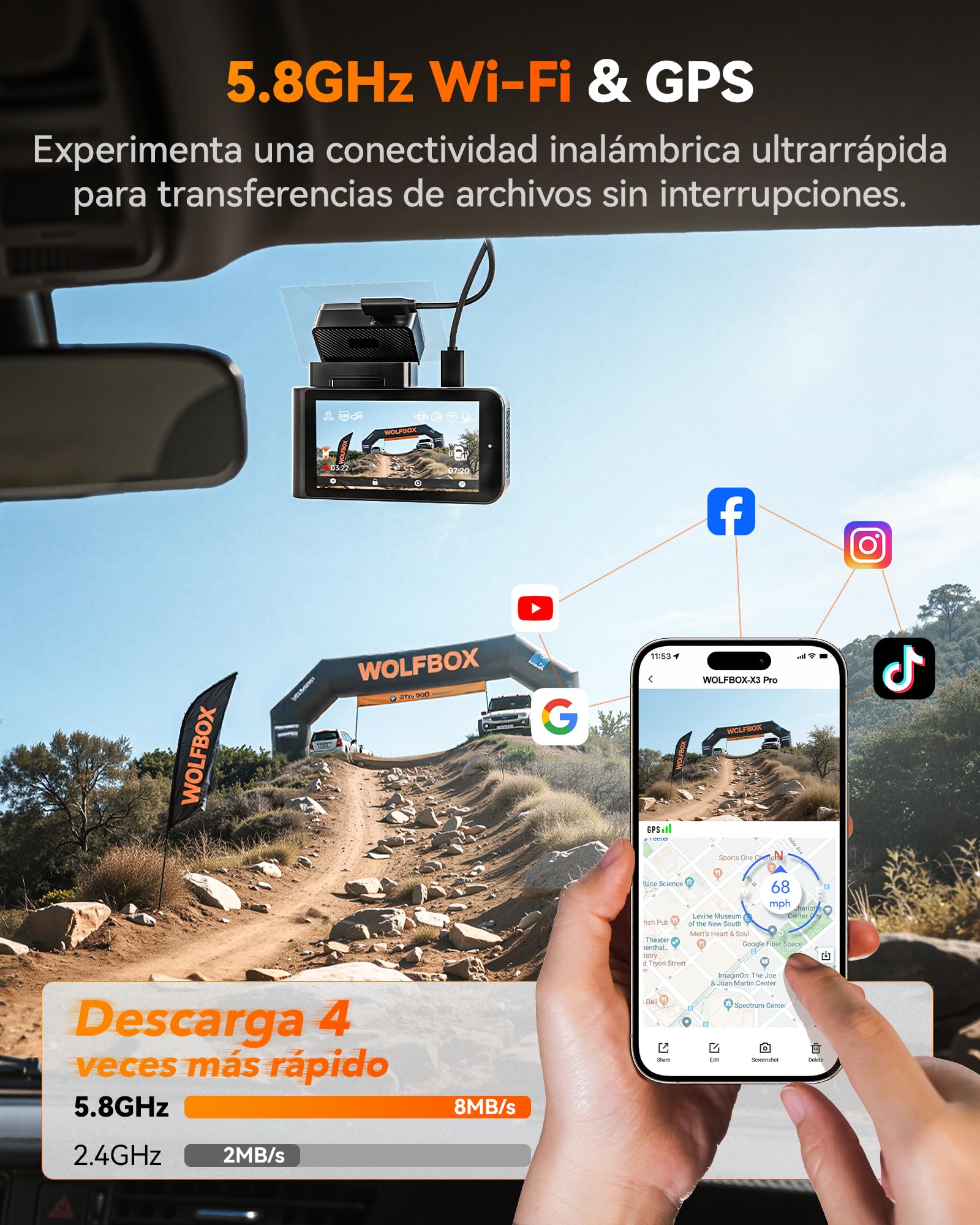 WOLFBOX X3 Pro - Cámara de salpicadero para coche, doble STARVIS 2 IMX 675, 1440P 60 FPS+1440P, ADAS Dashcam para coche, parte delantera trasera, estabilización de imagen con WiFi de 5,8 GHz, control