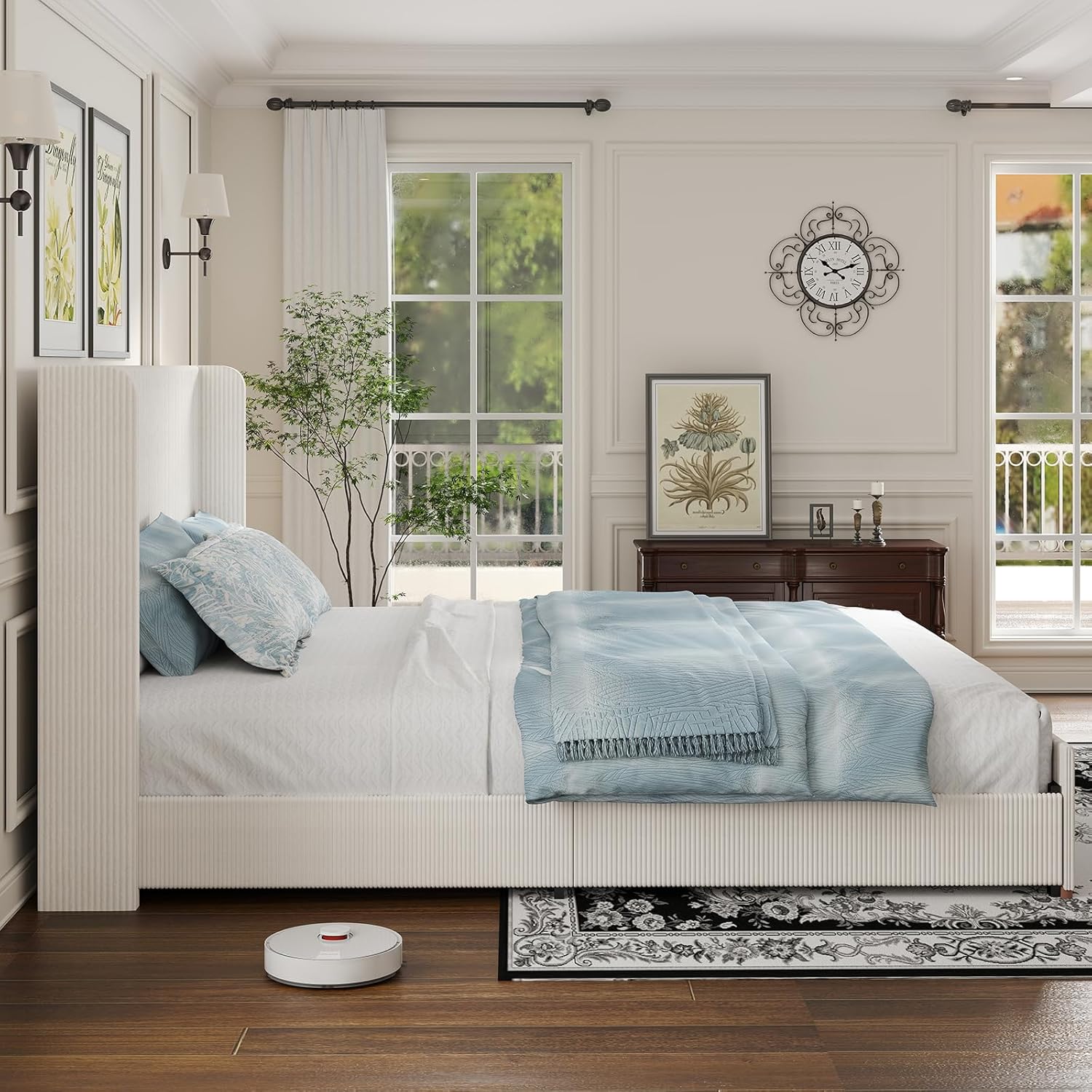 King Size Upholstered Bed Frame, Soft Corduroy Platform Bed with 47" Luxury Wingback Headboard, Heavy Duty Metal Frame, No Box Spring Needed, Easy Assembly, Noise Free, Cream