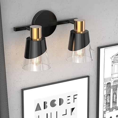 Miniatura 6 de URSOLA Accesorios de iluminación de baño sobre el espejo, 2 luces, luz de tocador de baño, 13 pulgadas, diseño negro y dorado con borde biselado y