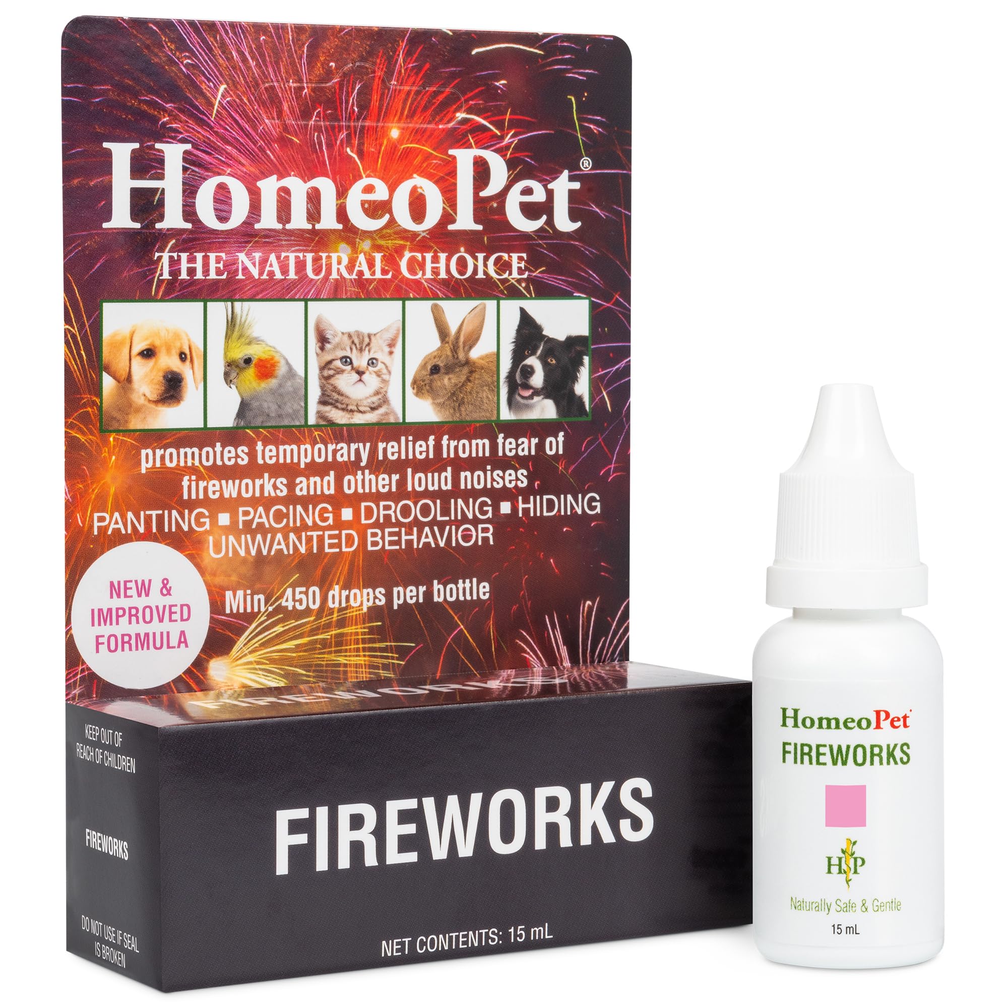 HomeoPet Fireworks, Safe and Natural Loud-Noise-Anxiety Calming Supplement for Cats, Dogs, and Other Small Animals, 15 Milliliters