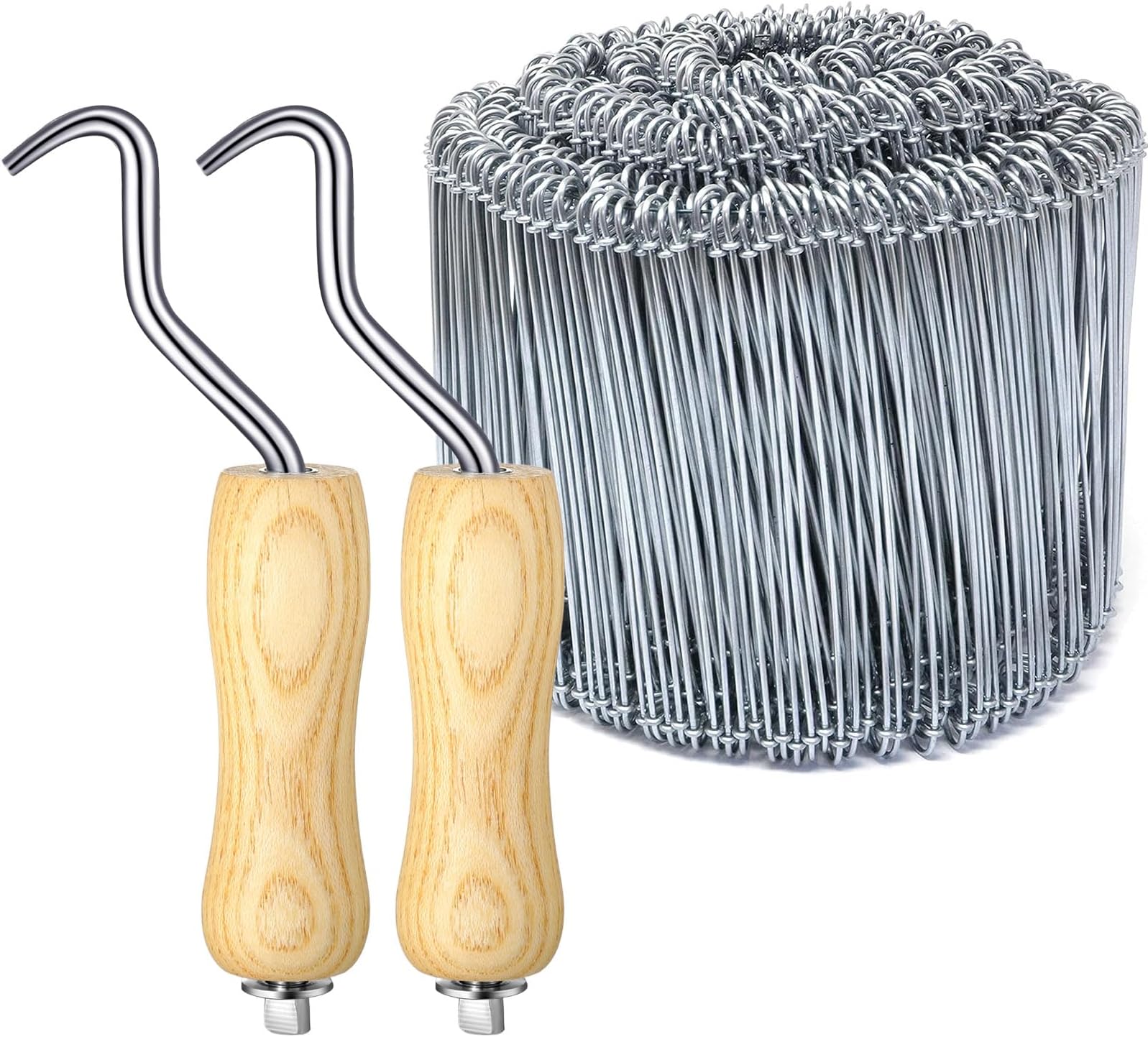 Therwen 1002 Pcs Tie Wire and Wire Twister Set 1000 Pcs 6 Inch 16 Gauge Double Loop Bar Ties Tool 2 Pake with Wooden Grip Handle for Securing Concrete Steel Construction(Silver)