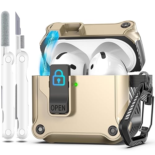 R-fun Compatible with AirPods 4th Gen Case, Full Drop Protection Auto Pop-Up Lid and Lock Design with Cleaner Kit and Keychain for AirPods 4 2024-Golden