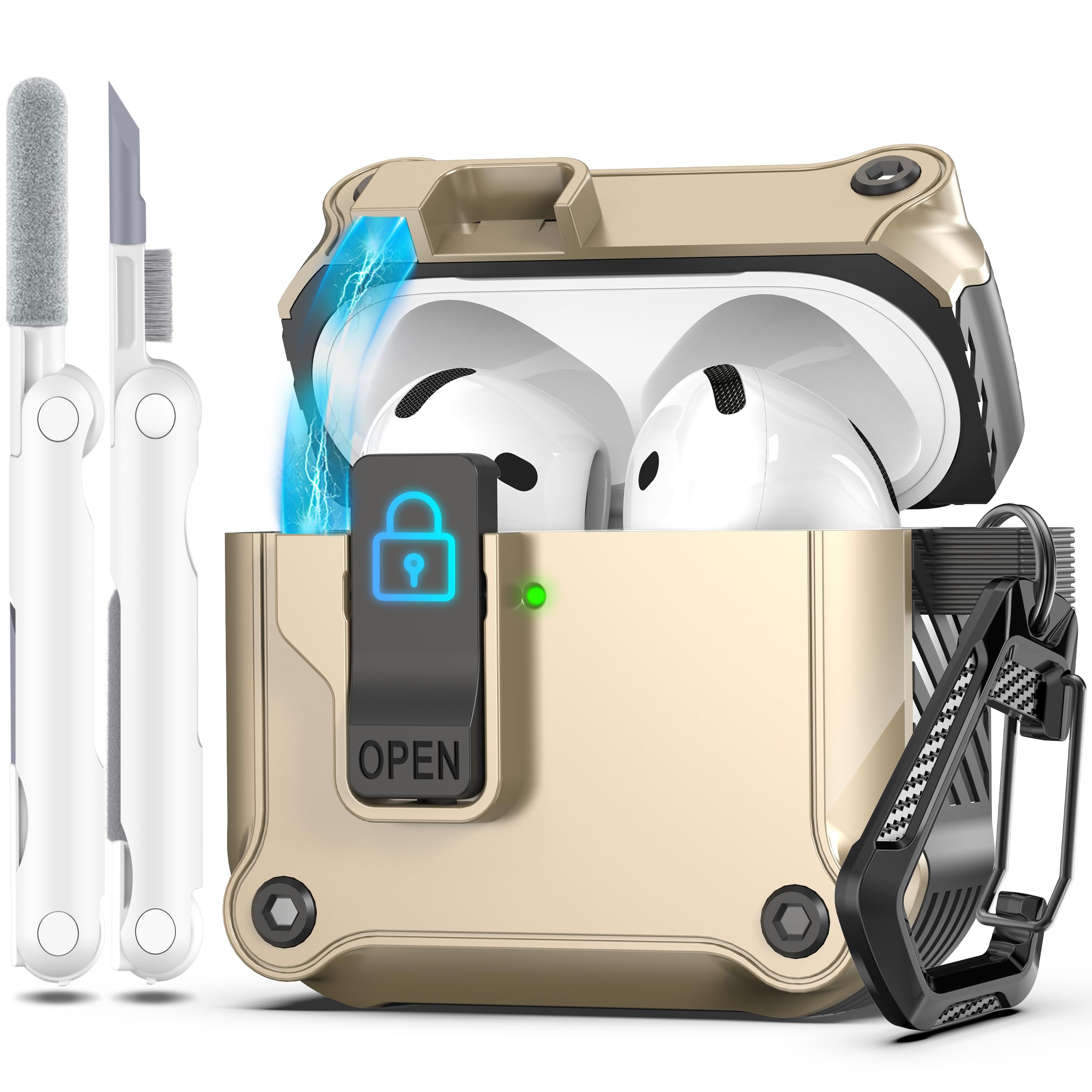 R-fun Compatible with AirPods 4th Gen Case, Full Drop Protection Auto Pop-Up Lid and Lock Design with Cleaner Kit and Keychain for AirPods 4 2024-