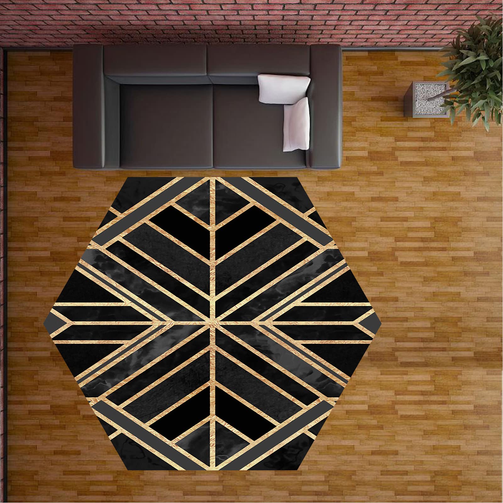 Alfombra Hexagonal,diseño geométrico Negro Gris Dorado, Alfombras para Salón, Cuarto Infantil, Casa de Campo, Jardín Terraza Picnic Camping Playa,Diameter 170cm
