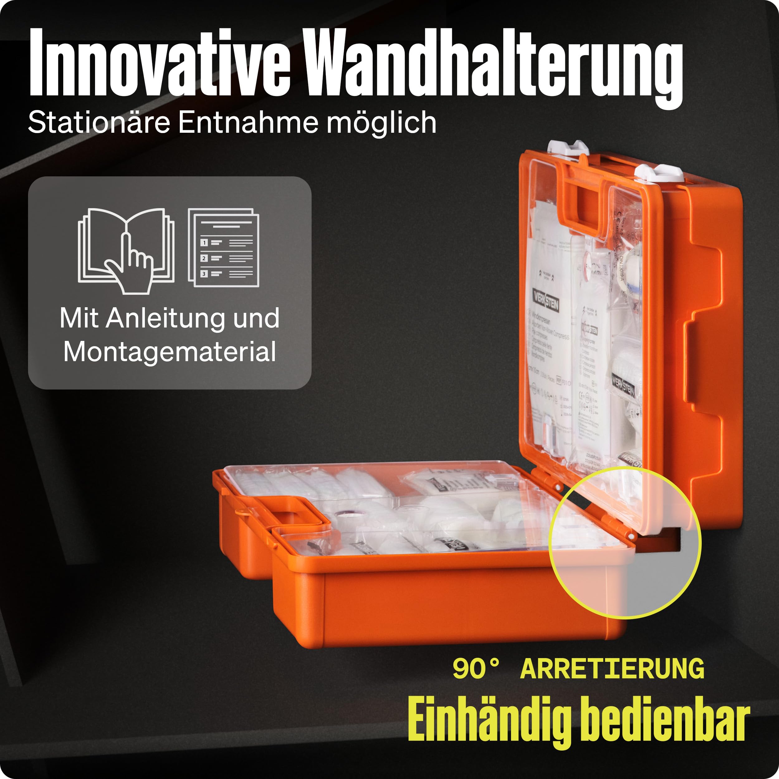 WERKSTEIN® Erste Hilfe Kasten DIN 13157:2021 inkl. Wandhalterung Verbandskasten Betrieb Büro Zuhause Set