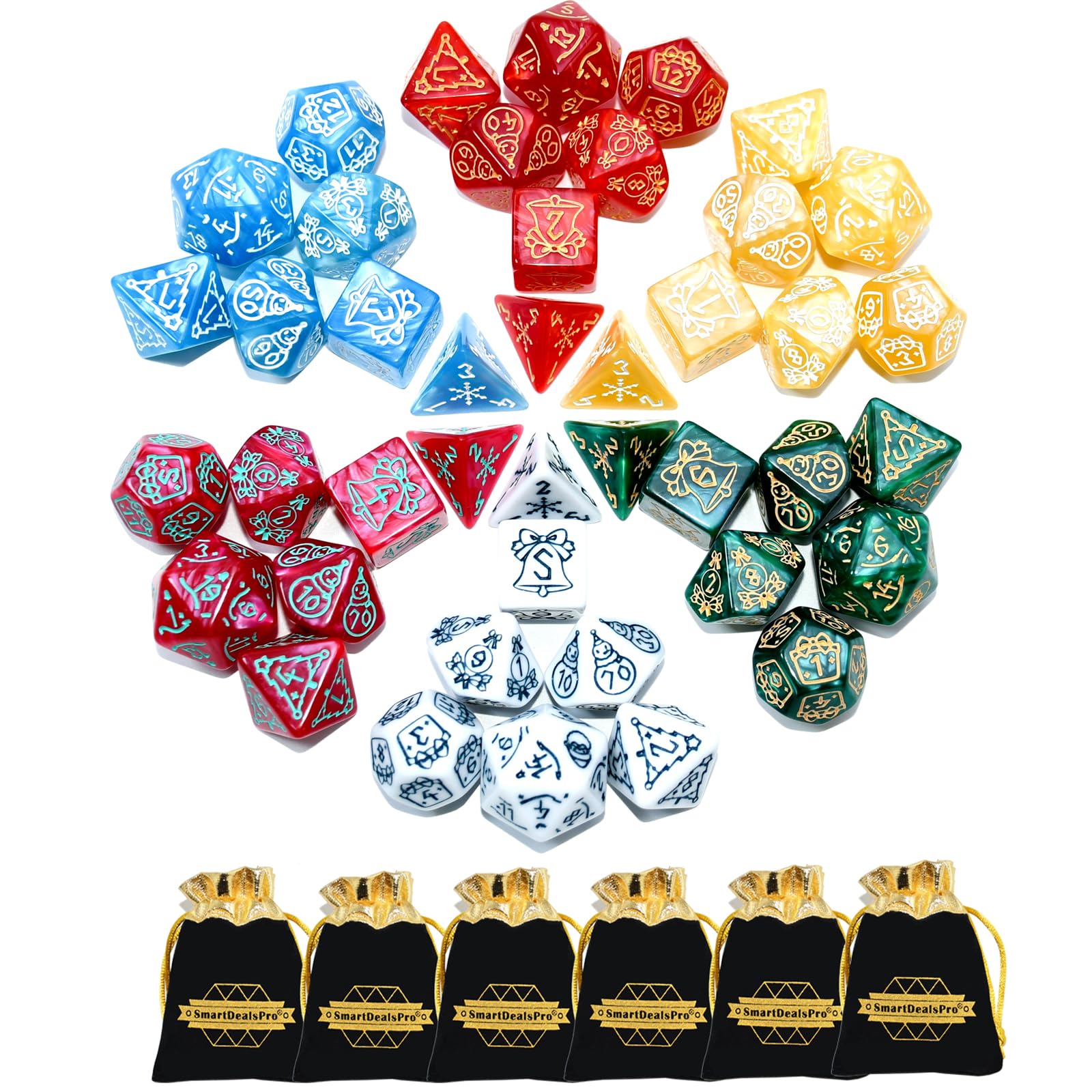 SmartDealsPro Double-Colors Polyhedral Dice Sets with Pouches for D&D DND RPG MTG Dungeon and Dragons Table Board Roll Playing Games D4 D6 D8 D10 D% D12 D20 (6-Color 42pcs Christmas Pattern)